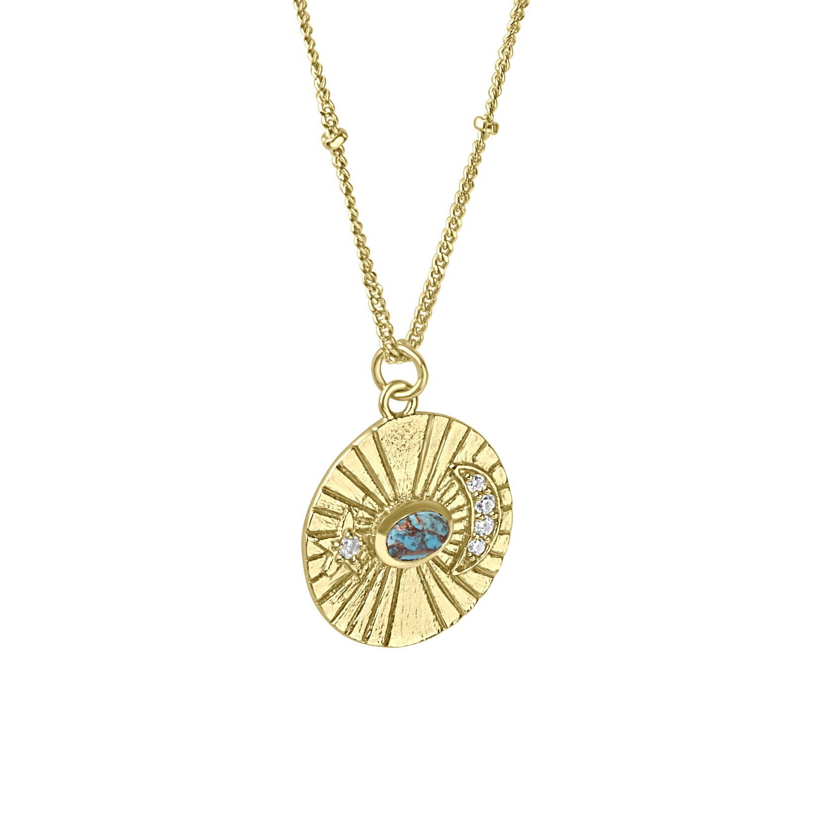 24ct Yellow Gold Plated Silver Disc Necklace With Turquoise and CZs