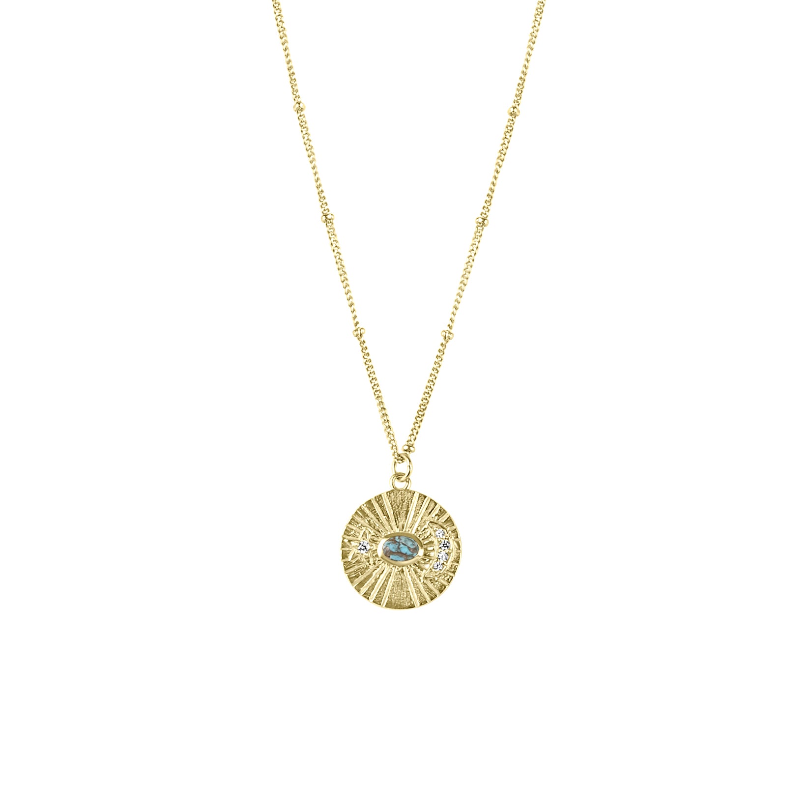 24ct Yellow Gold Plated Silver Disc Necklace With Turquoise and CZs