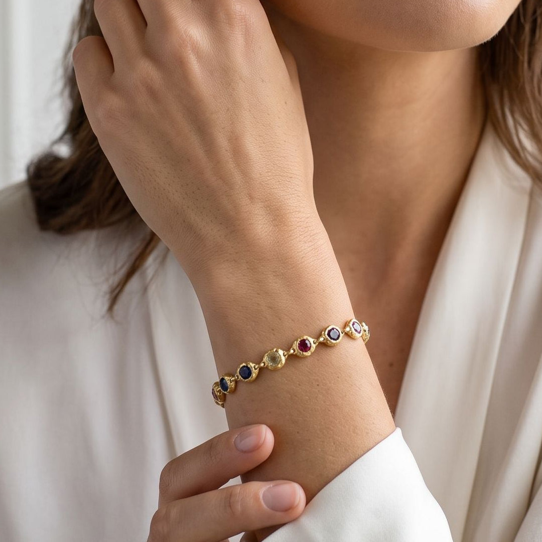 24ct Yellow Gold Plated Silver Multi Stone Bracelet With Rubover Settings
