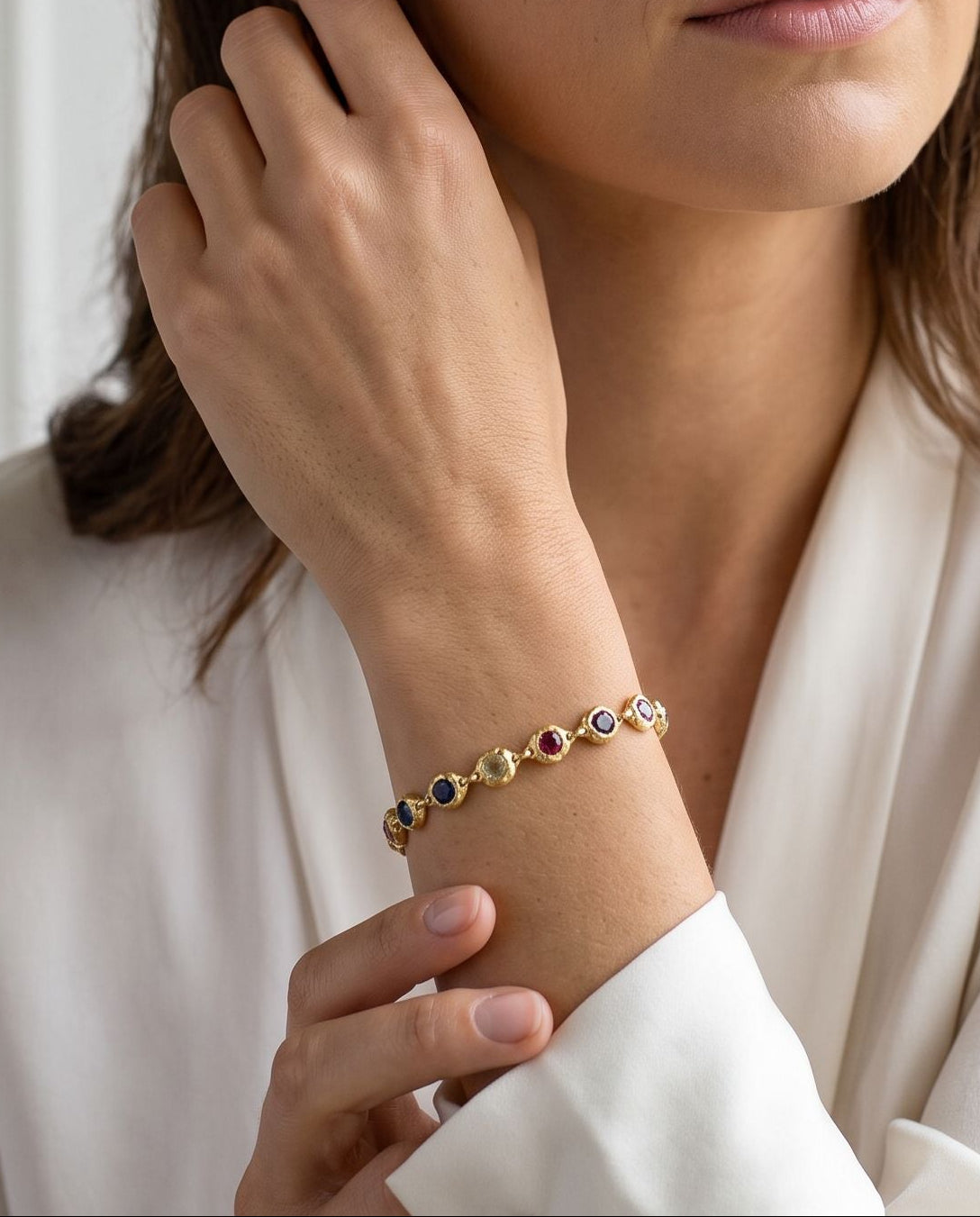 24ct Yellow Gold Plated Silver Multi Stone Bracelet With Rubover Settings