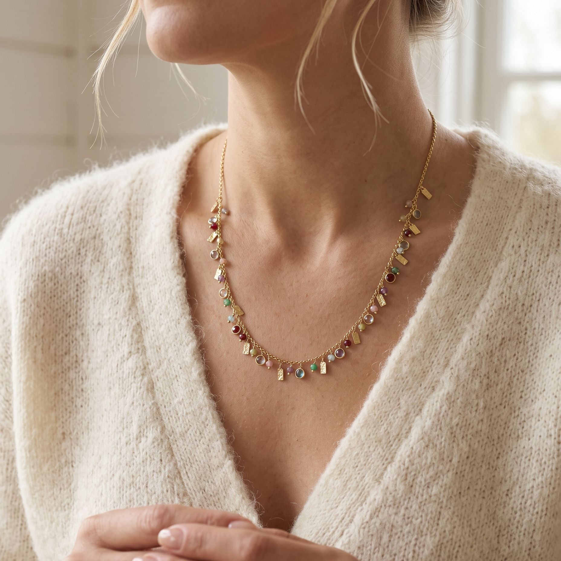 24ct Yellow Gold Plated Sterling Silver Mixed Stone Drop Necklace