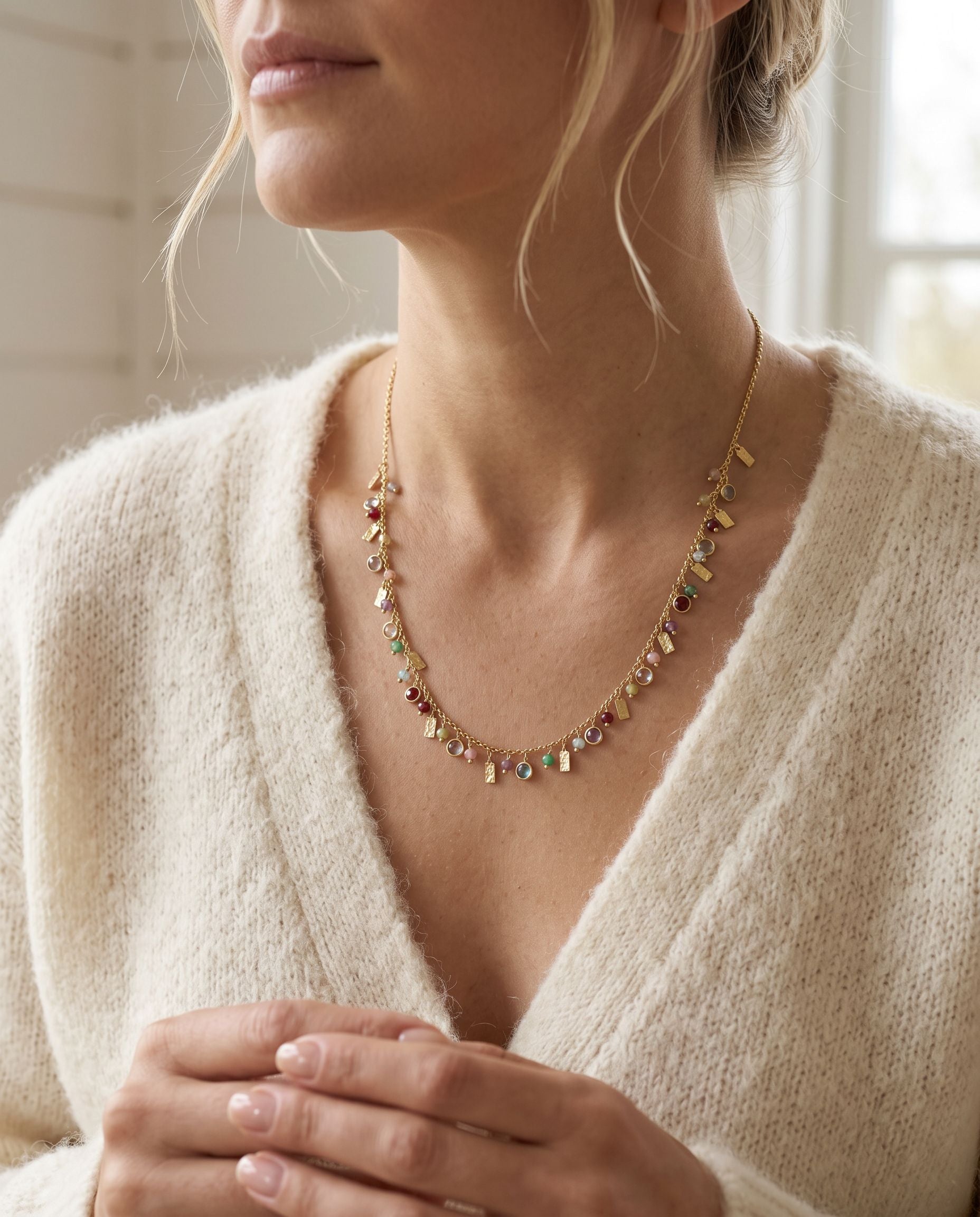 24ct Yellow Gold Plated Sterling Silver Mixed Stone Drop Necklace