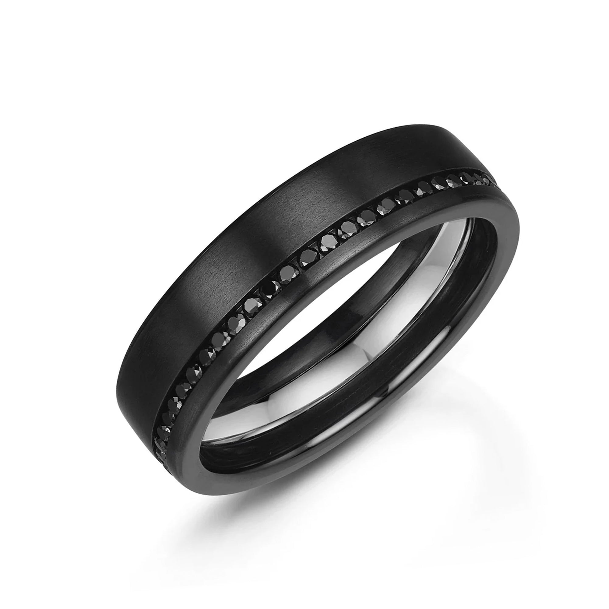 6mm Matt Flat Top Black Zirconium Band Ring With an Offset Row of Channel Set Black Diamonds