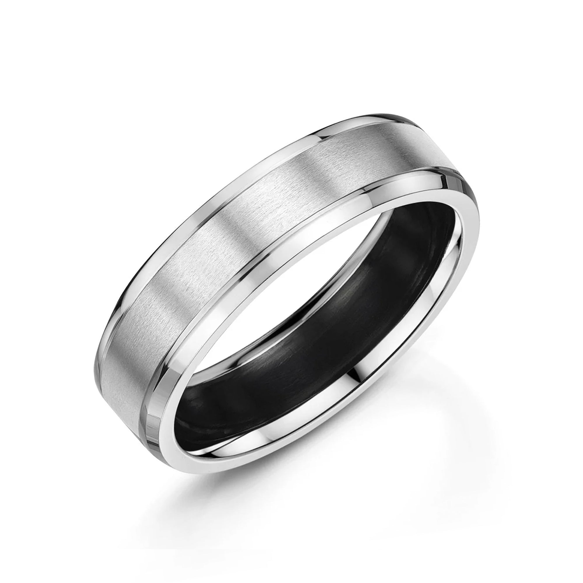 6mm Platinum Flat Top Chamfered Edge With Tramlines Band Ring With Zirconium Inside