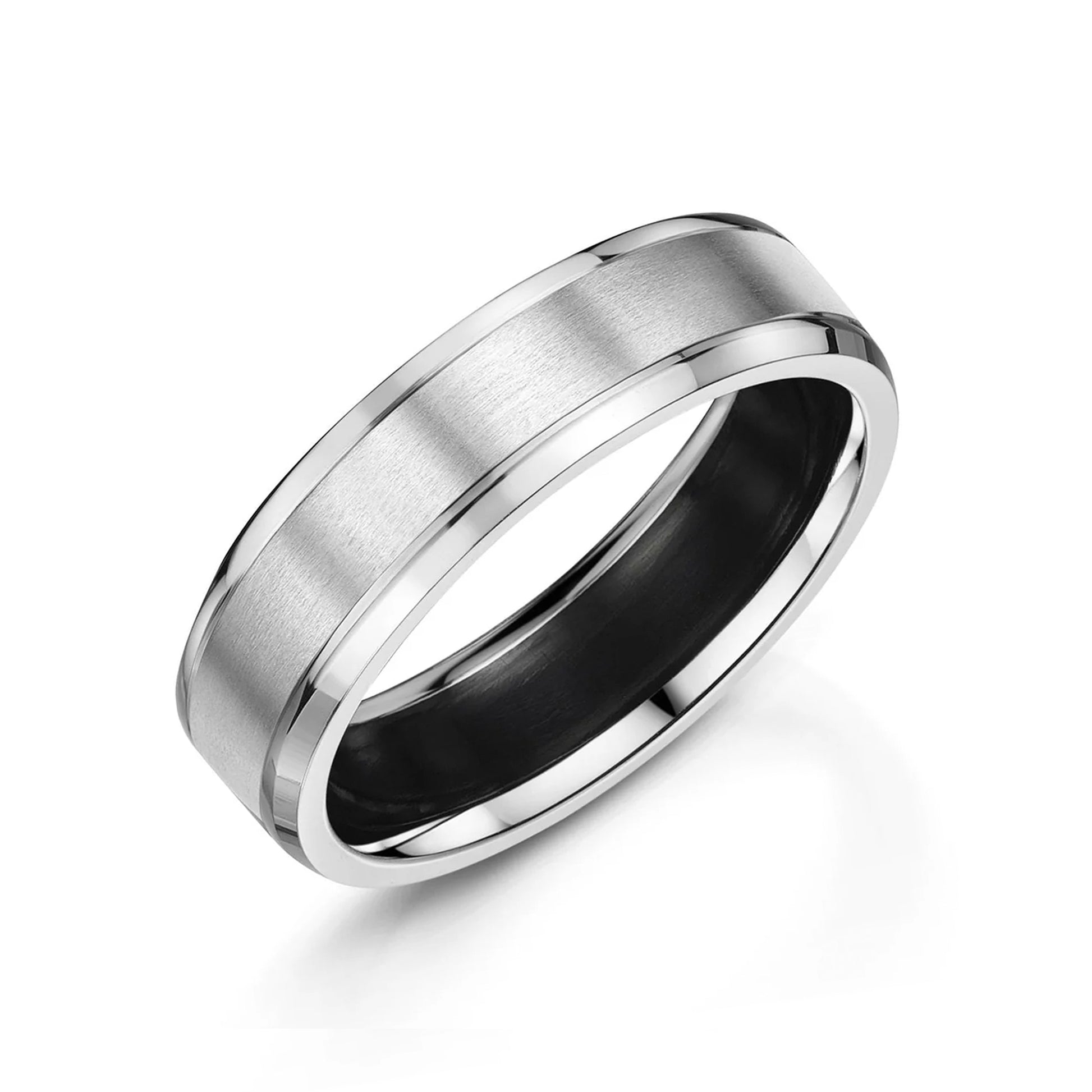 6mm Platinum Flat Top Chamfered Edge With Tramlines Band Ring With Zirconium Inside