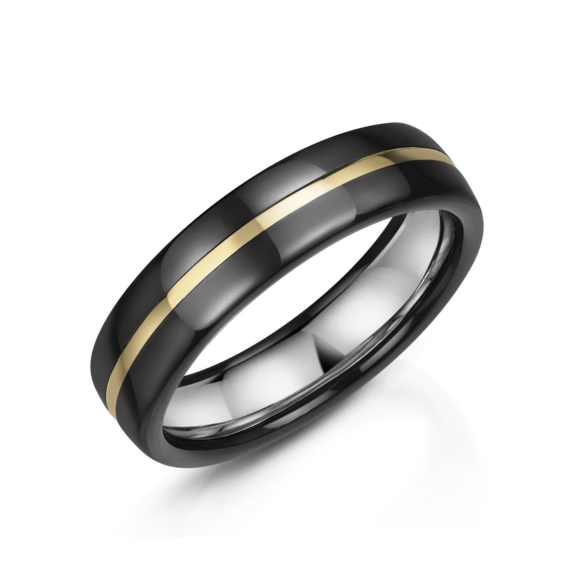 6mm Polished Soft Court Zirconium Band Ring With a 1mm Inlay of 18ct Yellow Gold