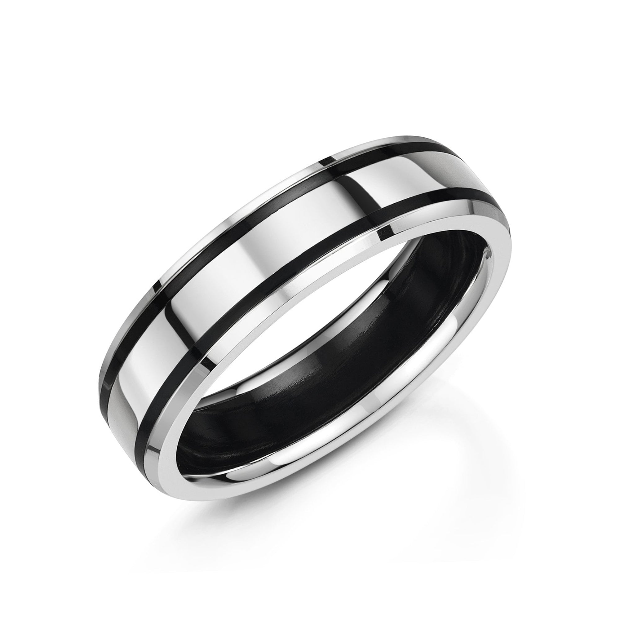 6mm 9ct White Gold Flat Top Chamfered Edge & Polished Band Ring With Zirconium Tram Lines