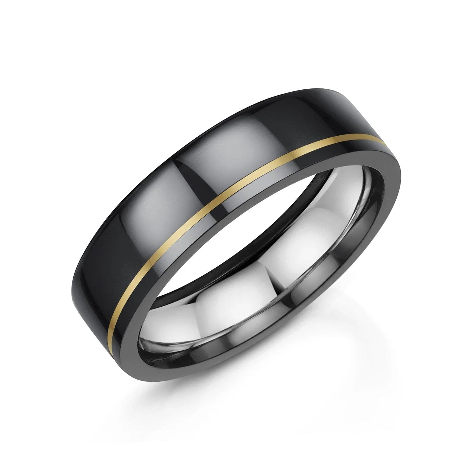 6mm Polished Flat Top Zirconium Band Ring With a 1mm Offset Inlay of 18ct Yellow Gold