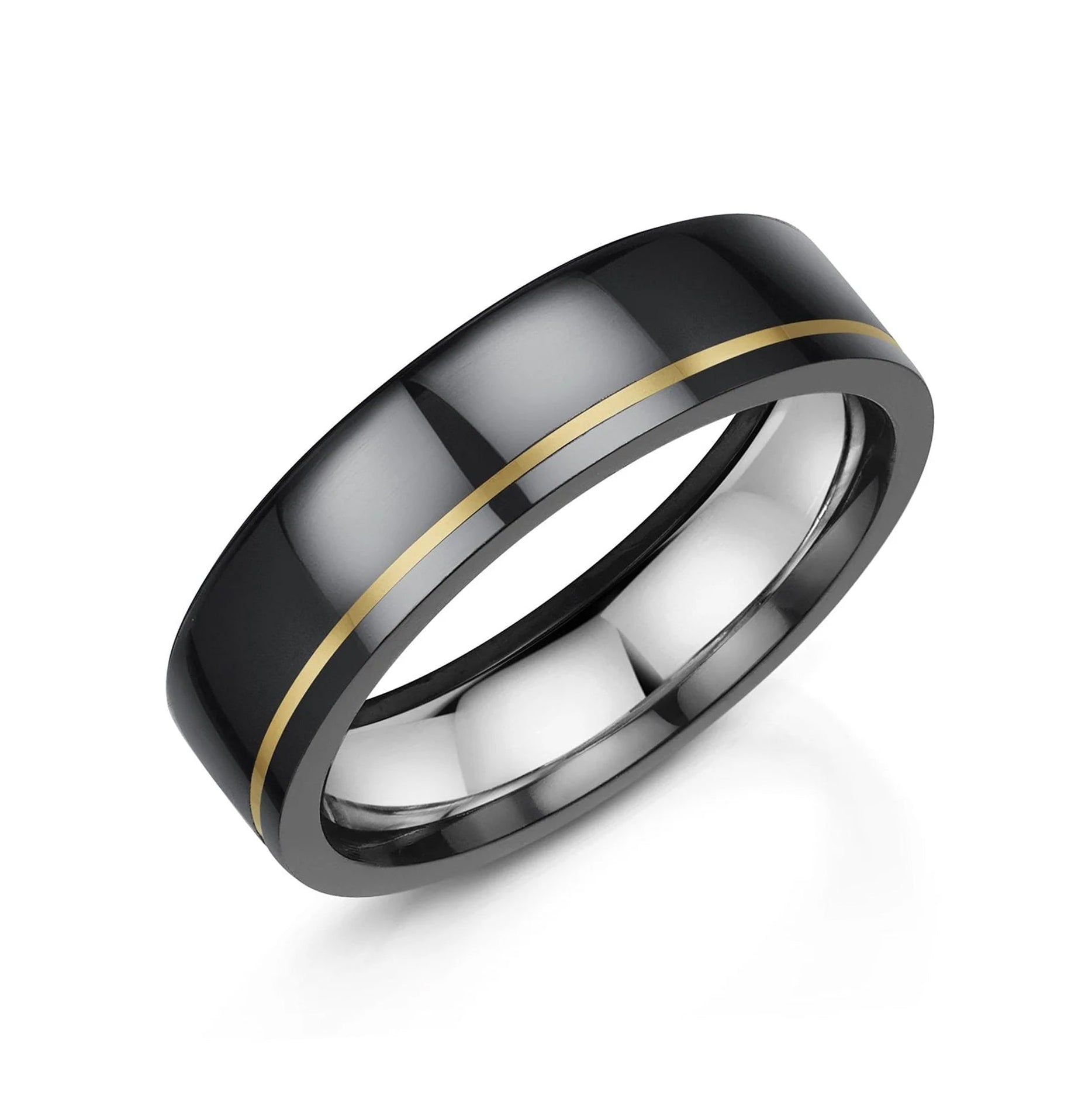 6mm Polished Flat Top Zirconium Band Ring With a 1mm Offset Inlay of 18ct Yellow Gold