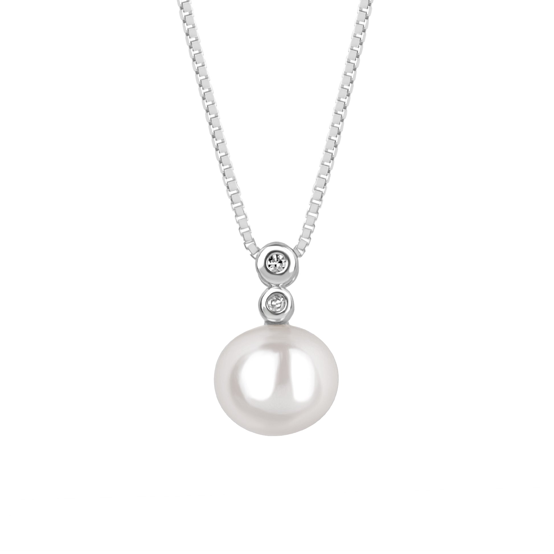 7mm White Freshwater Pearl & Diamond Pendant & Chain