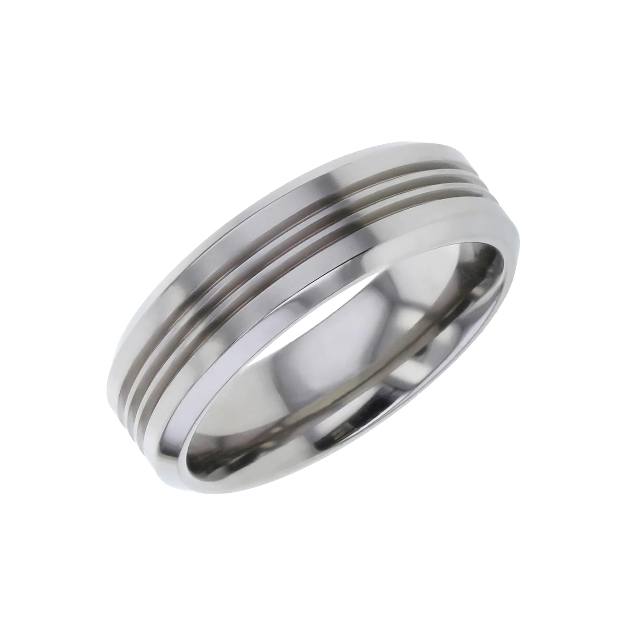 7mm Titanium Ring with Flat Profile Three Grooves and Chamfered Edges