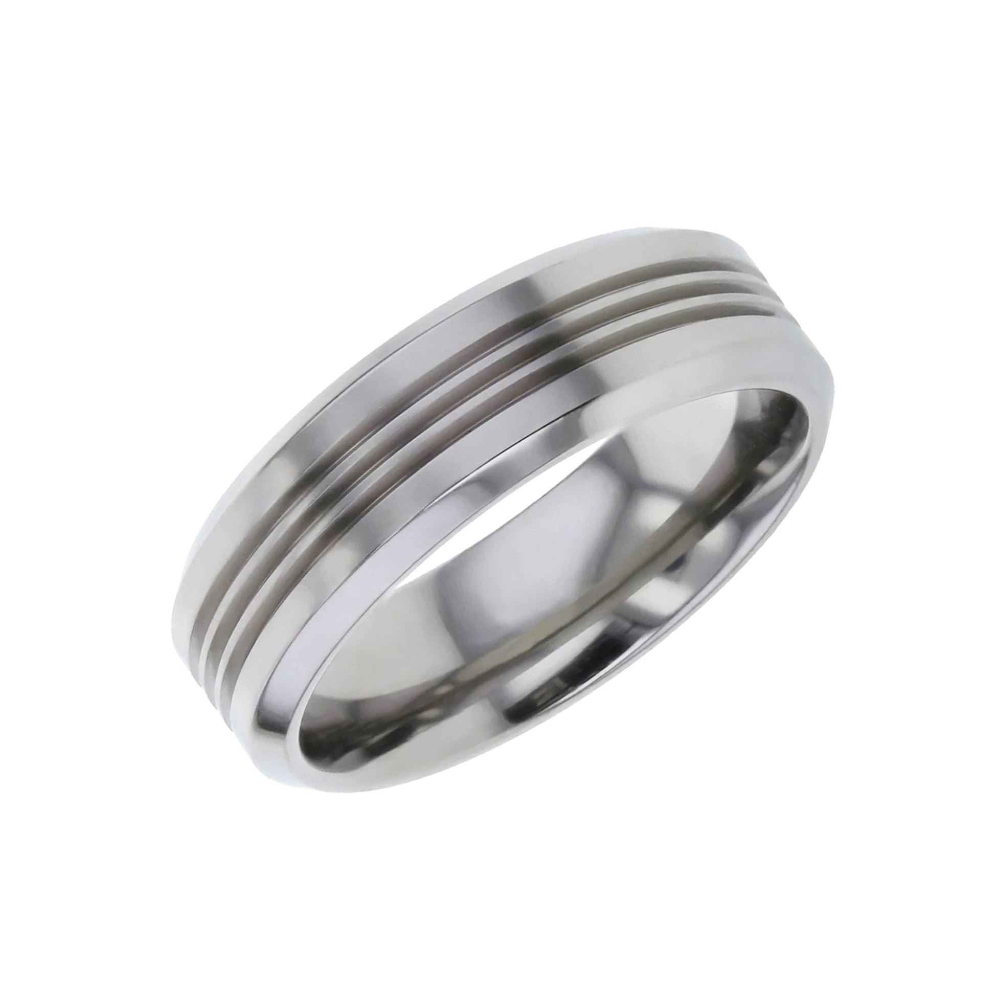 7mm Titanium Ring with Flat Profile Three Grooves and Chamfered Edges