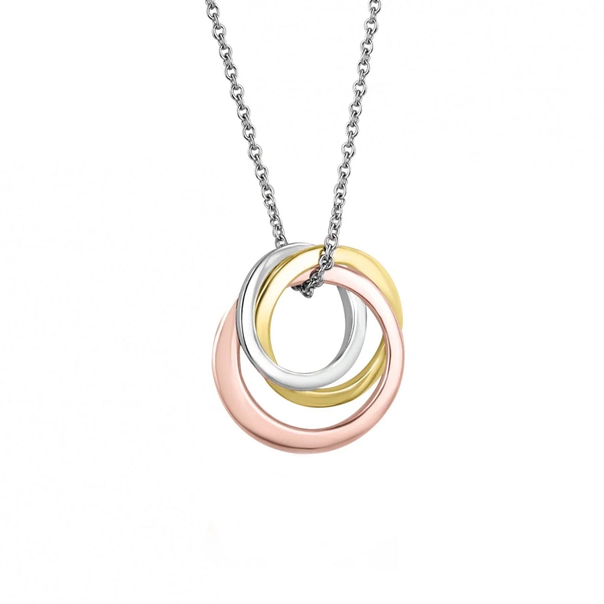 9ct Three Colour Gold Triple Ring Interlocking Necklace