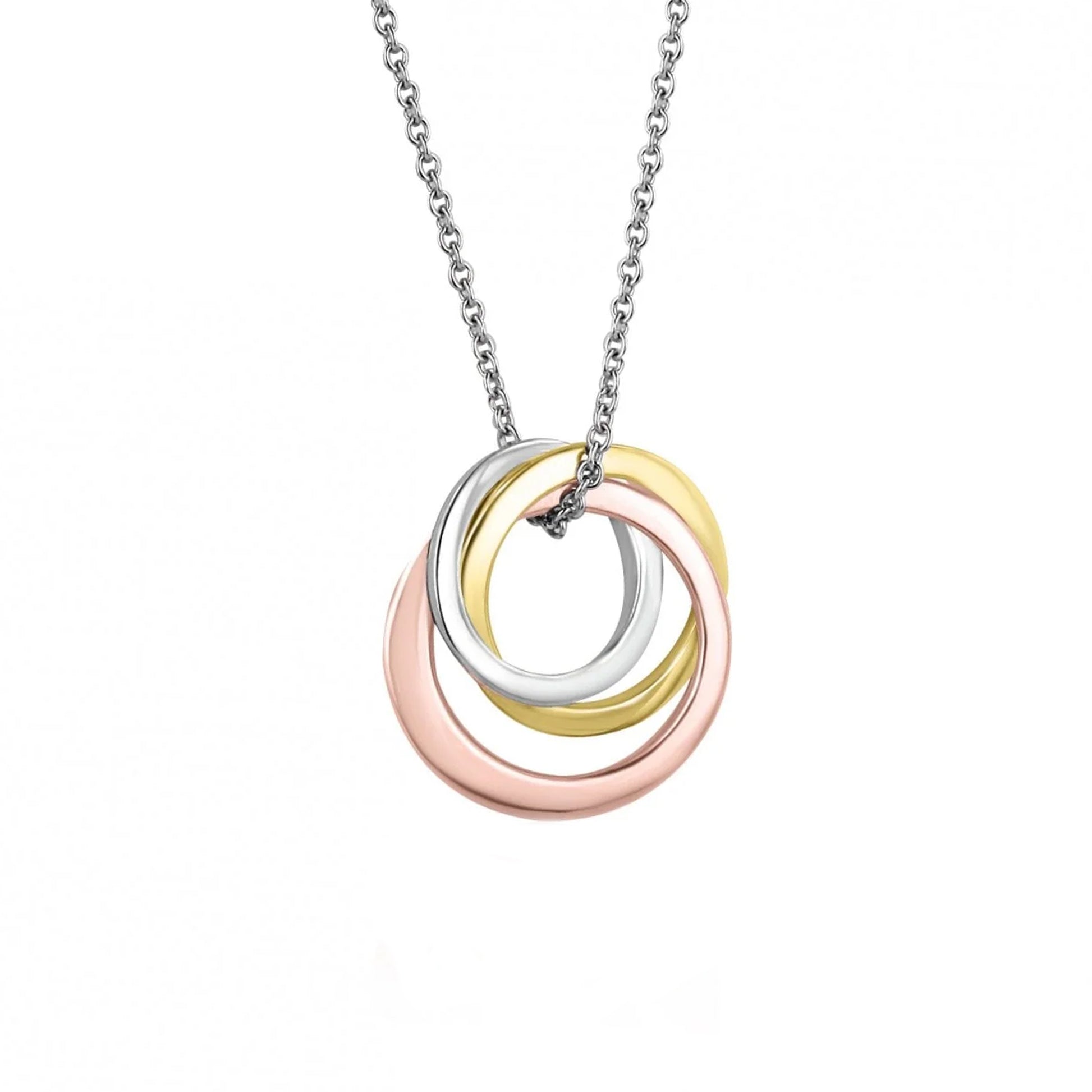 9ct Three Colour Gold Triple Ring Interlocking Necklace