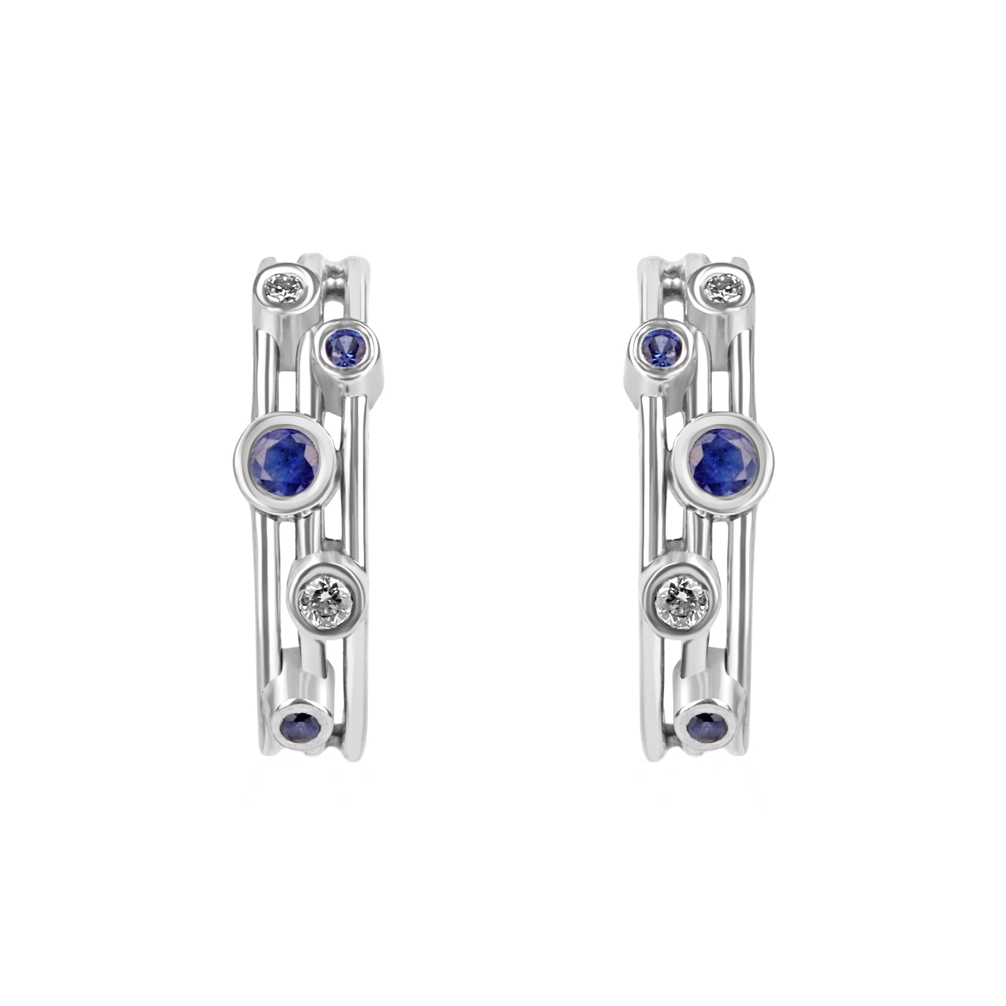9ct White Gold Diamond Sapphire Half Hoop Earrings