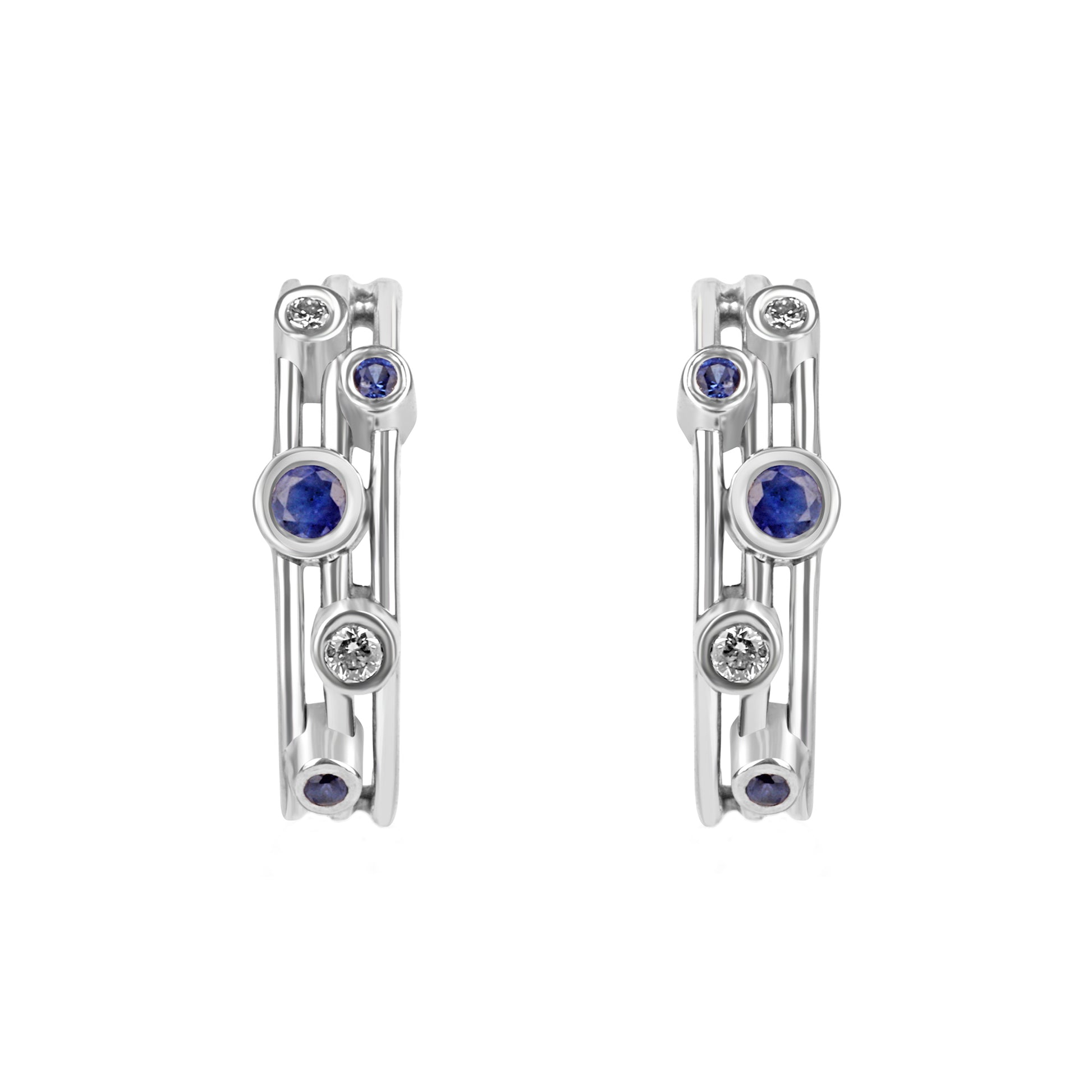 9ct White Gold Diamond Sapphire Half Hoop Earrings