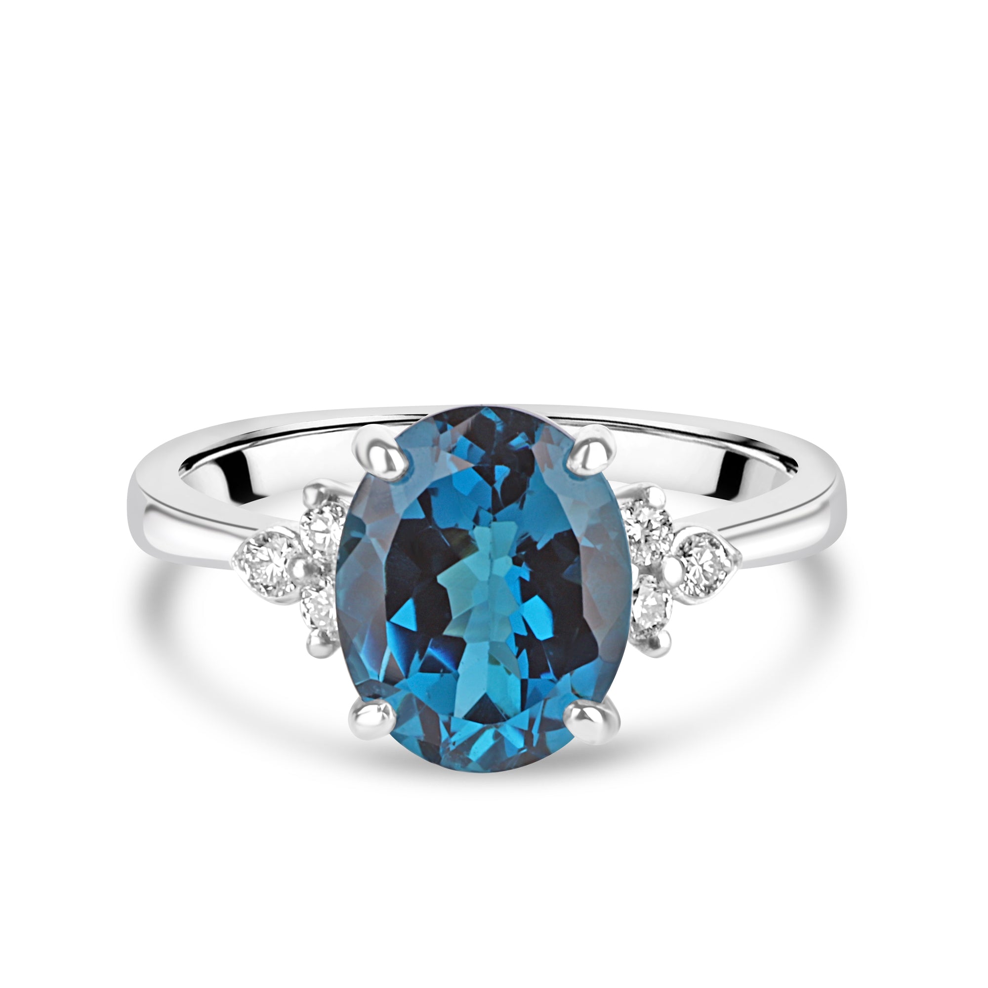 9ct White Gold Oval Blue Topaz Diamond Trefoil Dress Ring