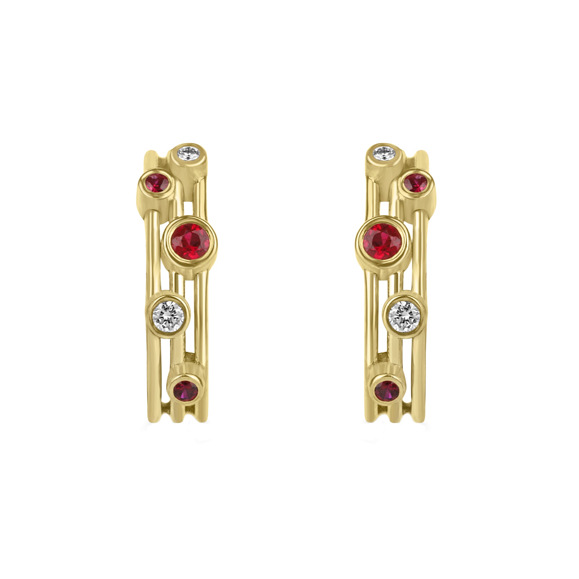 9ct Yellow Gold 0.17ct Round Ruby and 0.04 Round diamond 'Cascata' Half Hoop Earrings