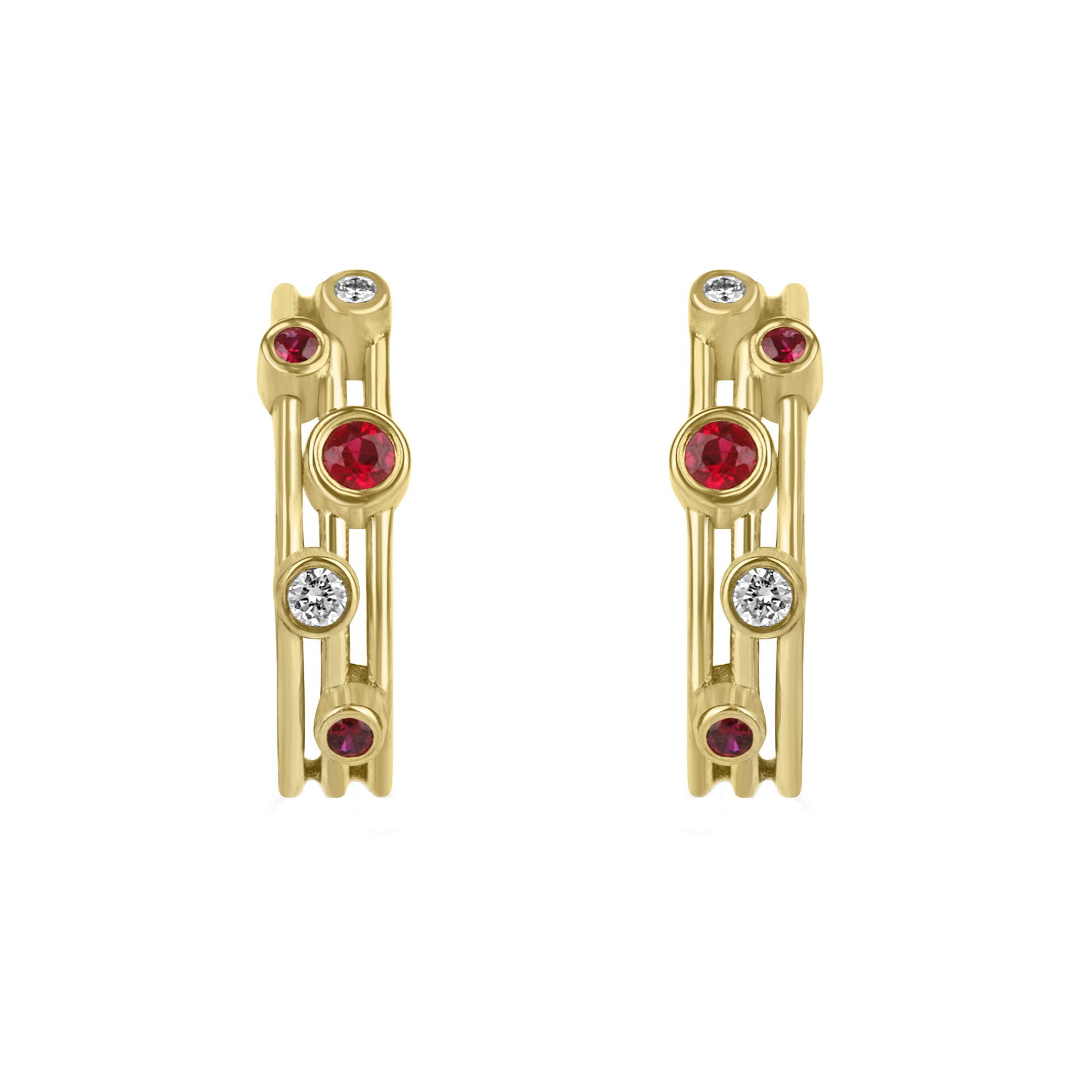9ct Yellow Gold 0.17ct Round Ruby and 0.04 Round diamond 'Cascata' Half Hoop Earrings
