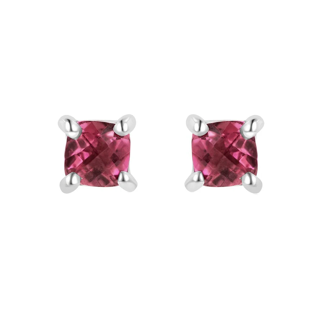 9ct White Gold Checkerboard Cushion Pink Tourmaline Stud Earrings