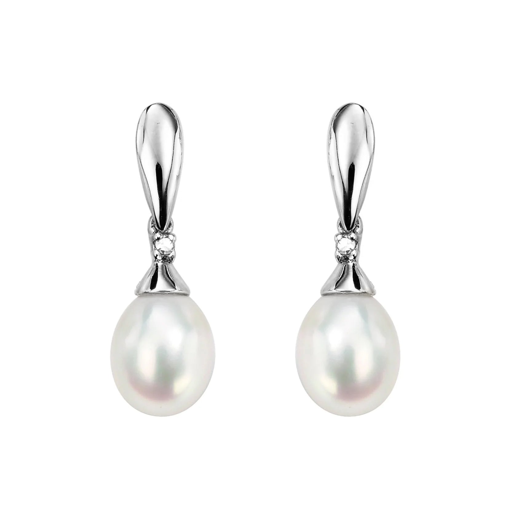 9ct White Gold White Freshwater Pearl and Diamond Drop Earrings