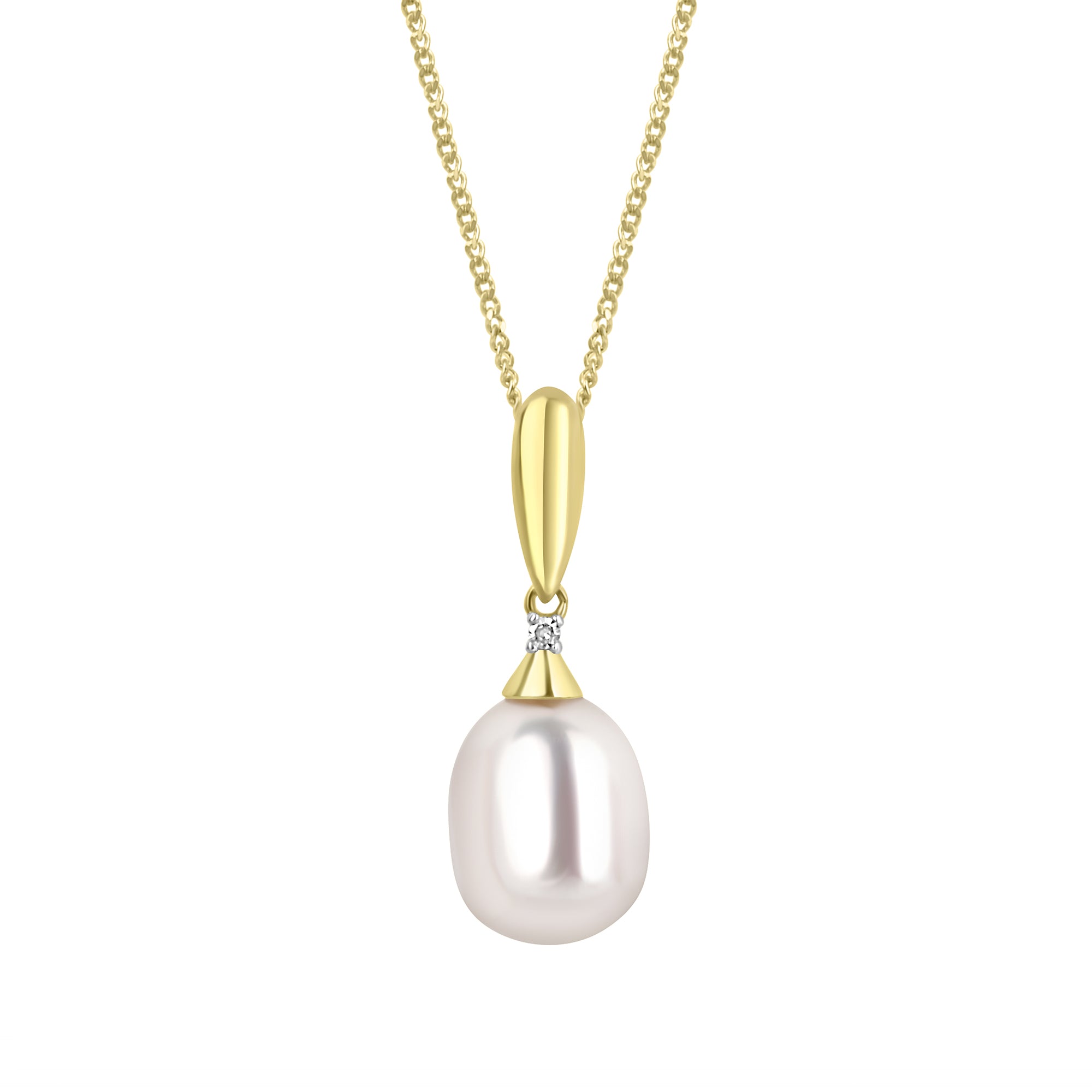 9ct Yellow Gold White Freshwater Pearl Pendant Drop with a Small Diamond on a Curb Chain