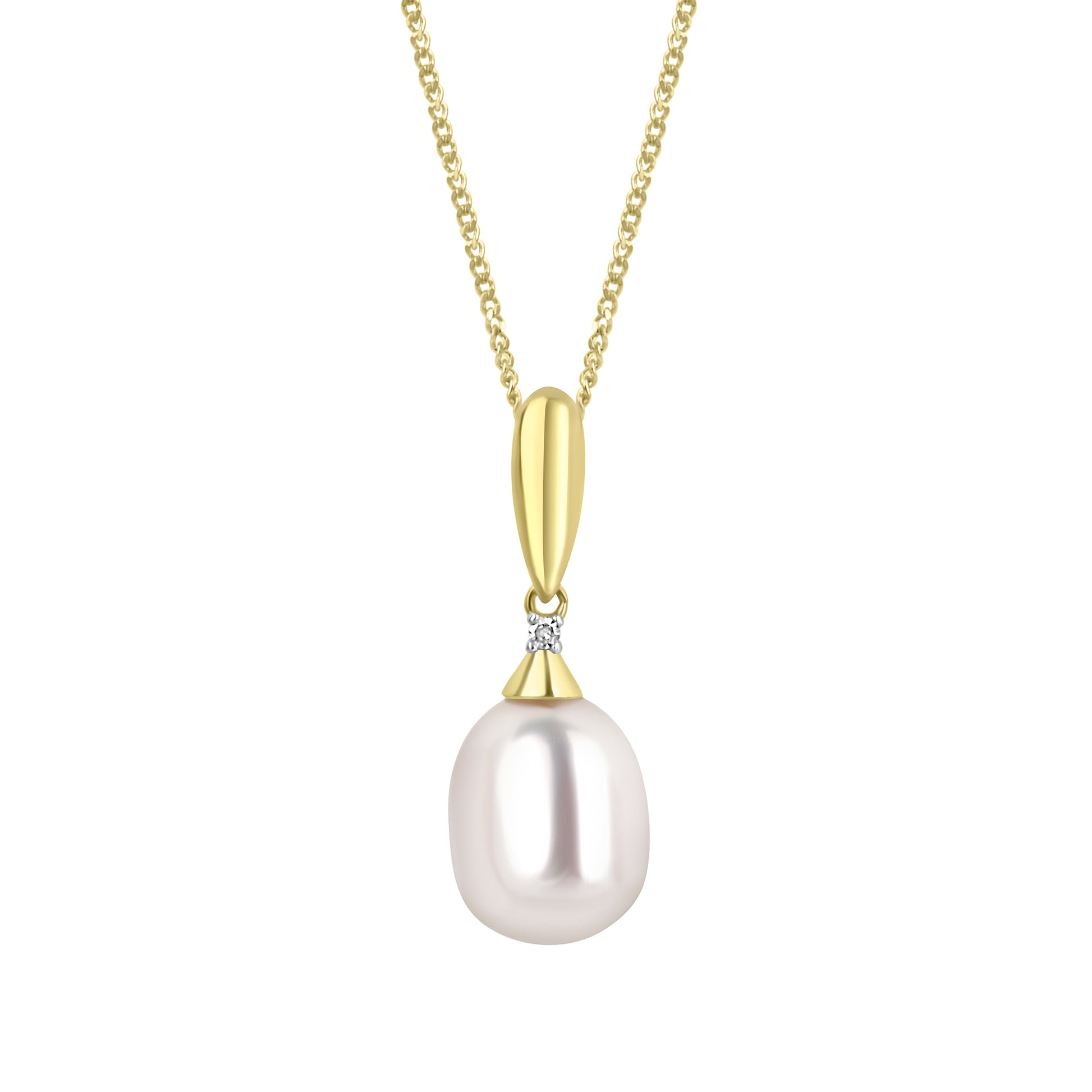 9ct Yellow Gold White Freshwater Pearl Pendant Drop with a Small Diamond on a Curb Chain