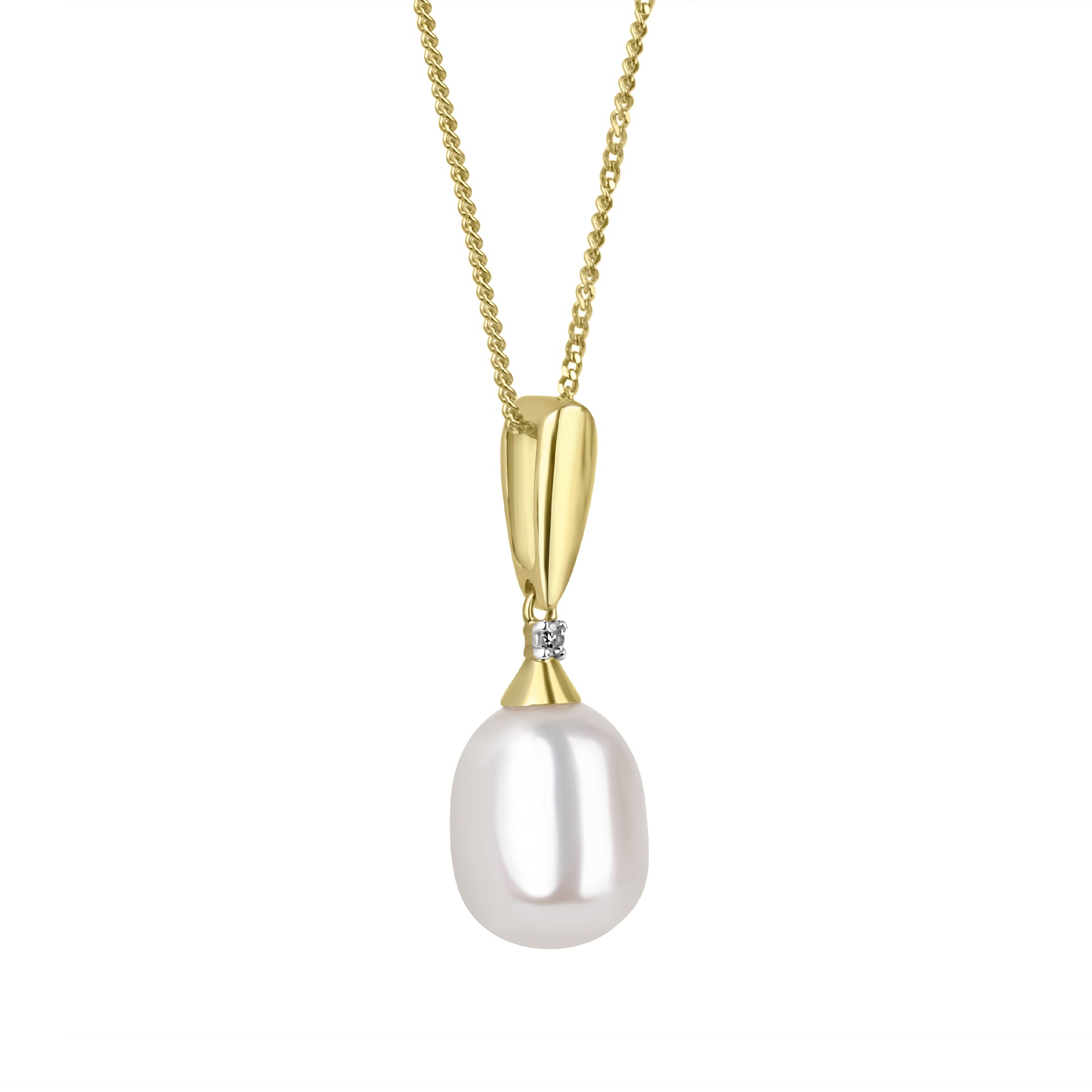 9ct Yellow Gold White Freshwater Pearl Pendant Drop with a Small Diamond on a Curb Chain