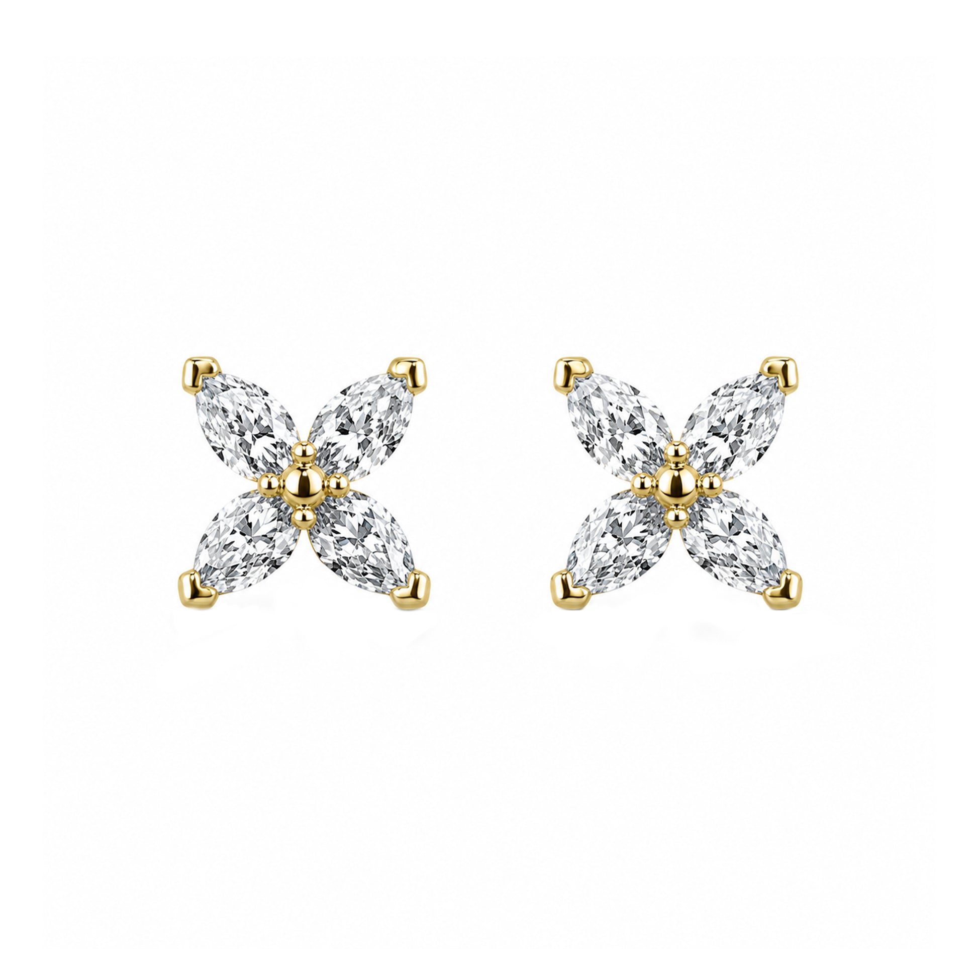 9ct Yellow Gold Flower Stud Earrings Set With Four Pear CZ 's