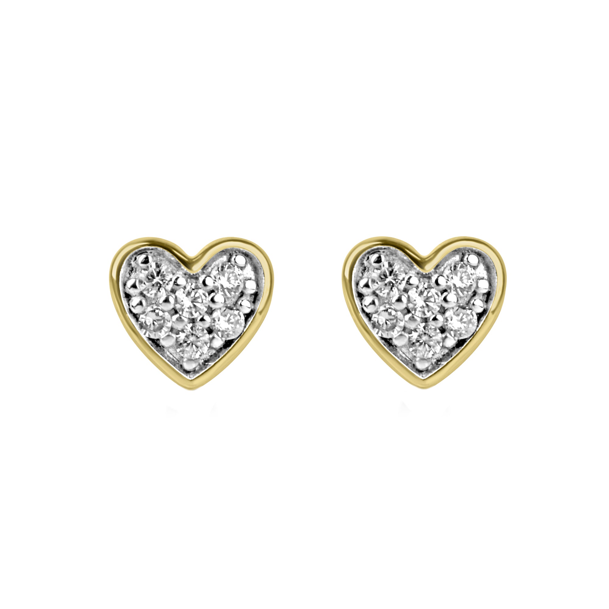 9ct Yellow Gold Heart Stud Earrings Pave Set With CZ's