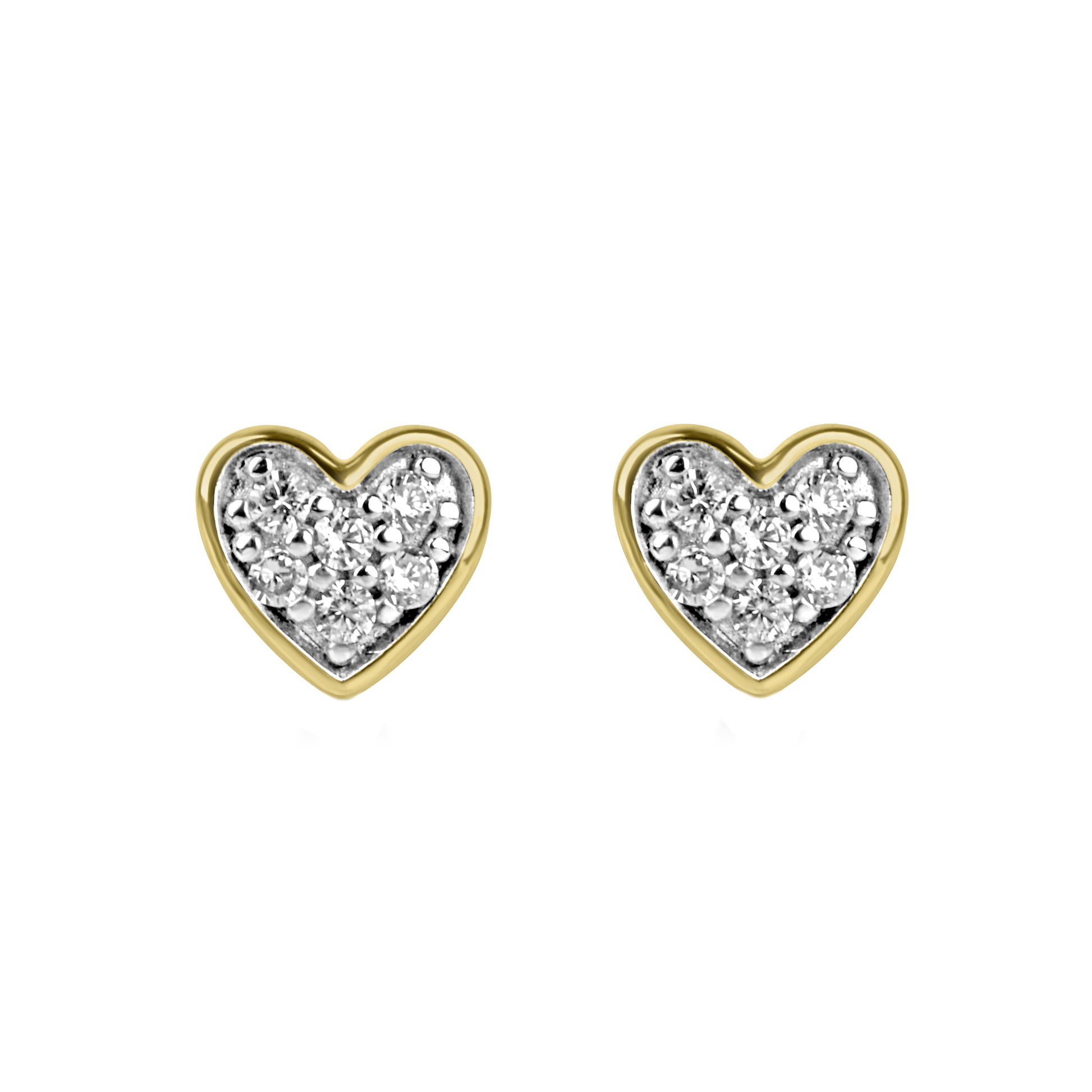 9ct Yellow Gold Heart Stud Earrings Pave Set With CZ's