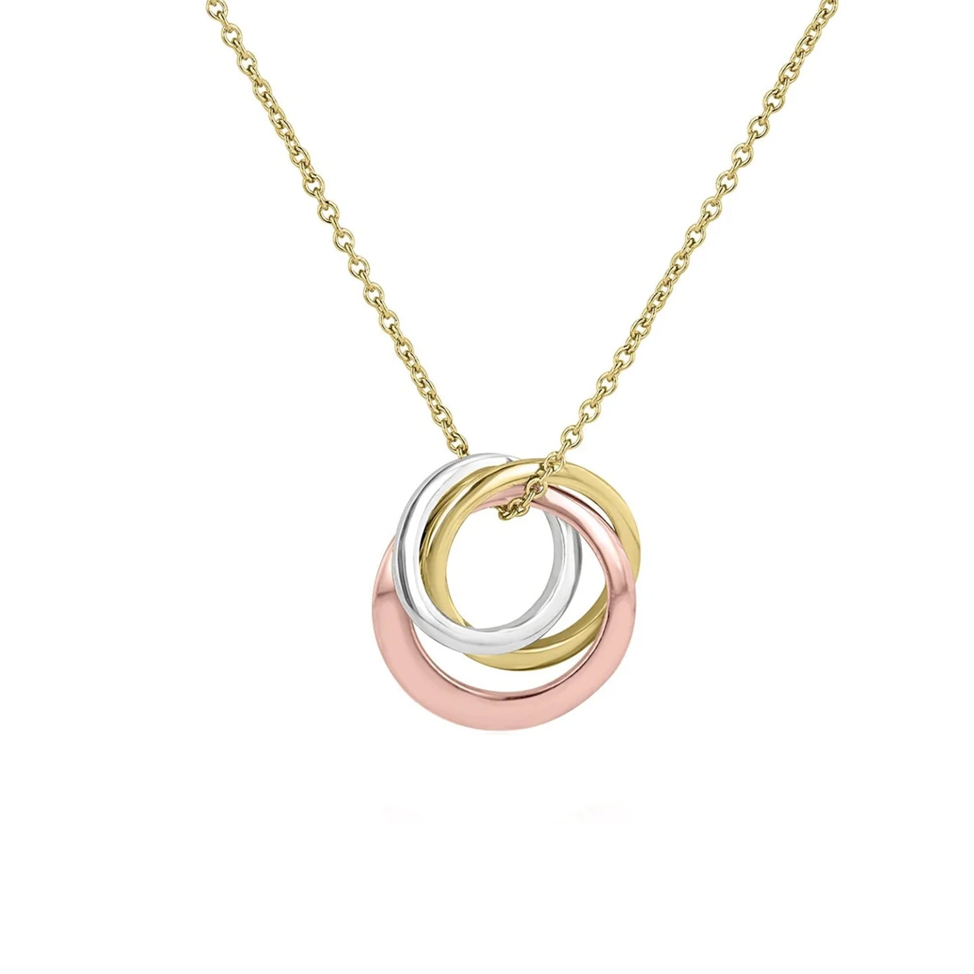 9ct Three Colour Gold Interlocking Triple Ring Necklace