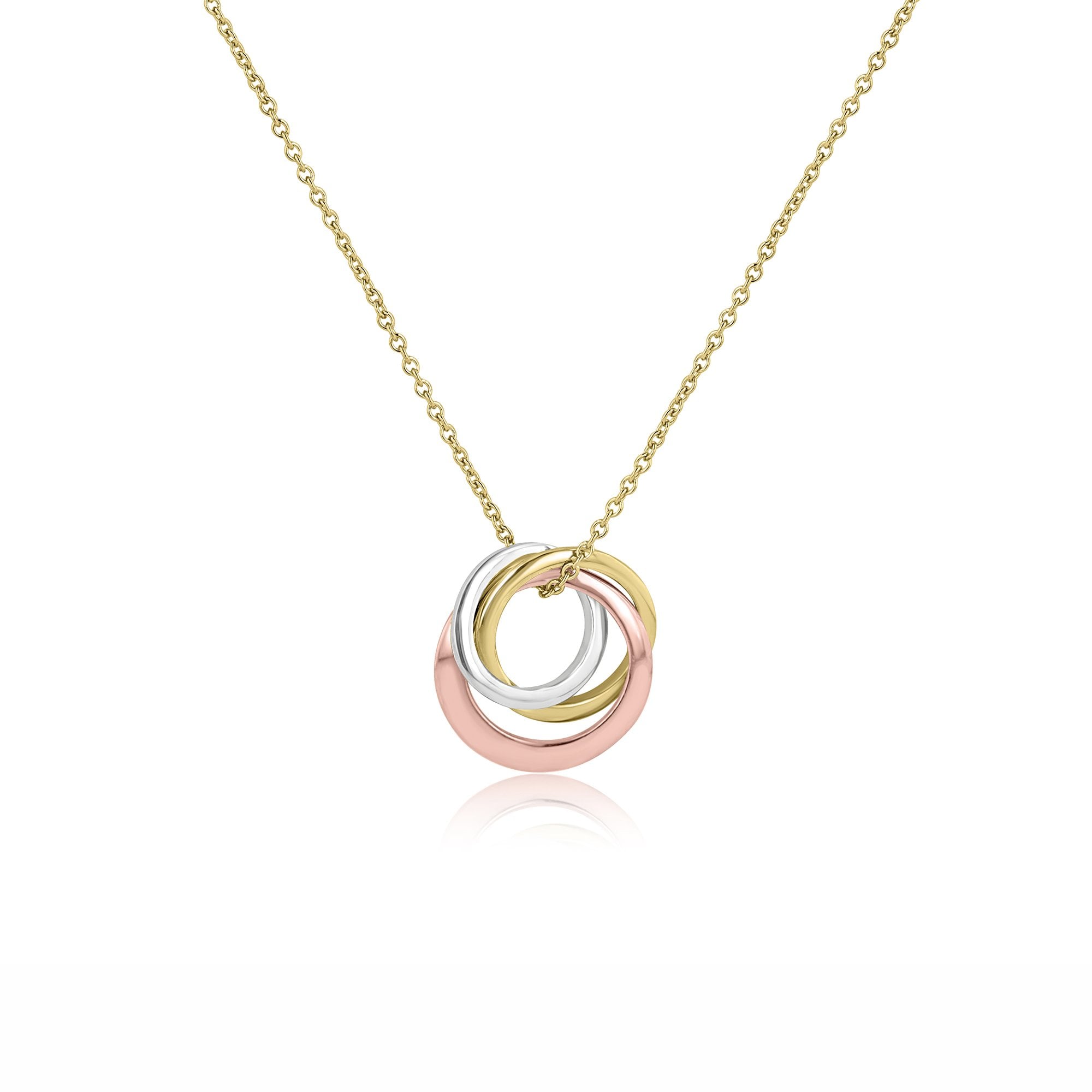 9ct Three Colour Gold Interlocking Triple Ring Necklace