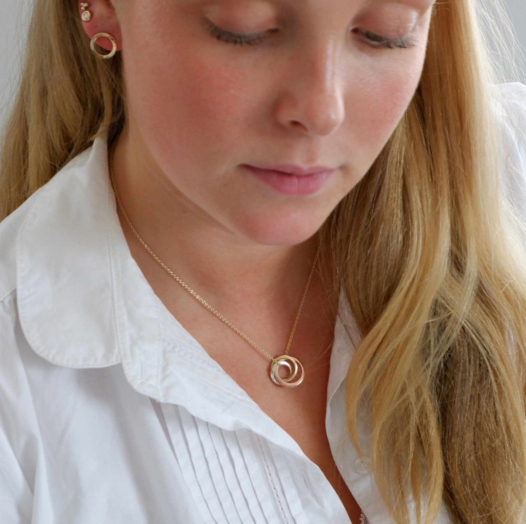 9ct Three Colour Gold Interlocking Triple Ring Necklace