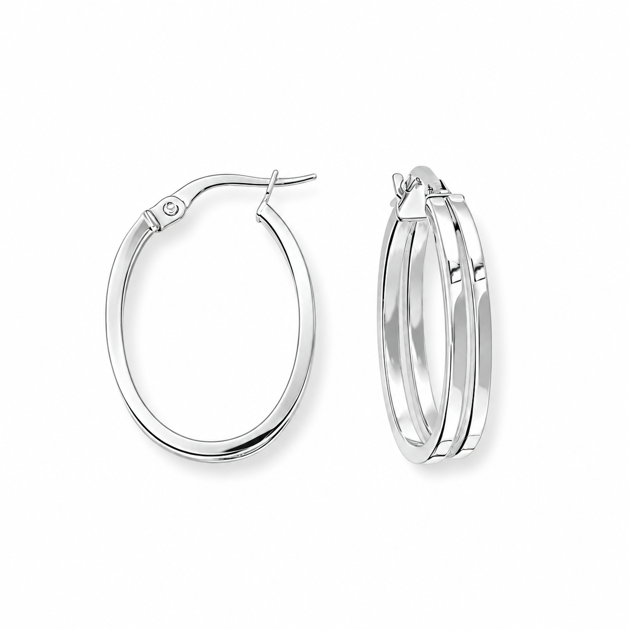 9ct White Gold Oval Double Hoop Earrings