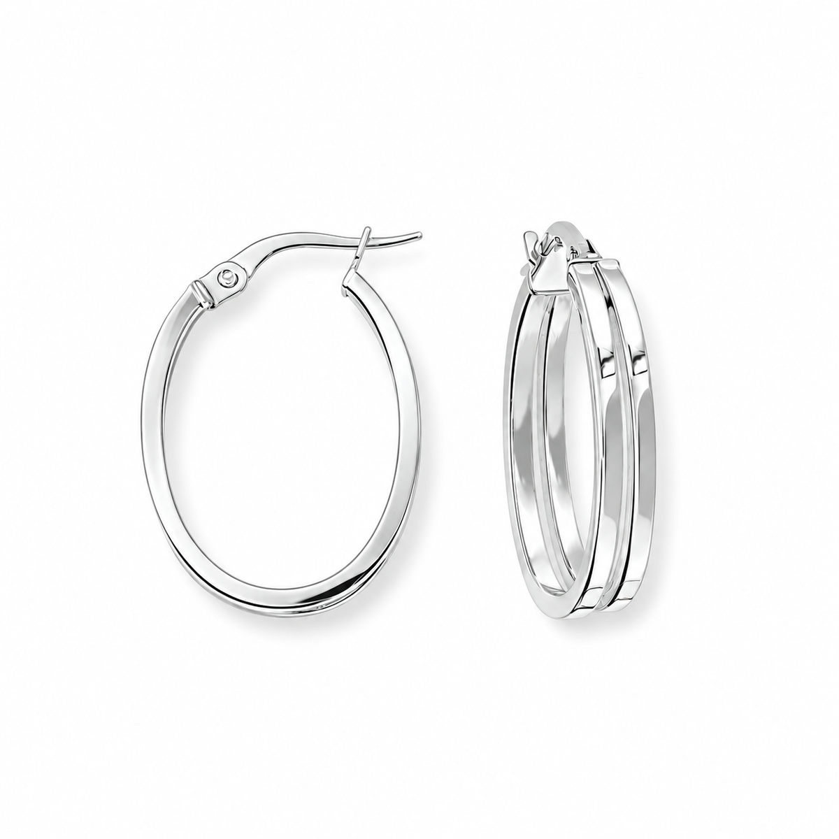9ct White Gold Oval Double Hoop Earrings