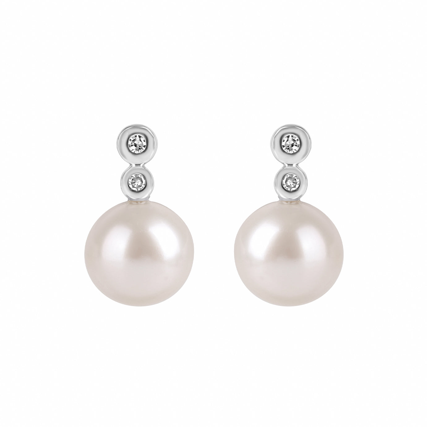 9ct White Gold Pearl Stud Earring with Two Rubover Set Diamonds