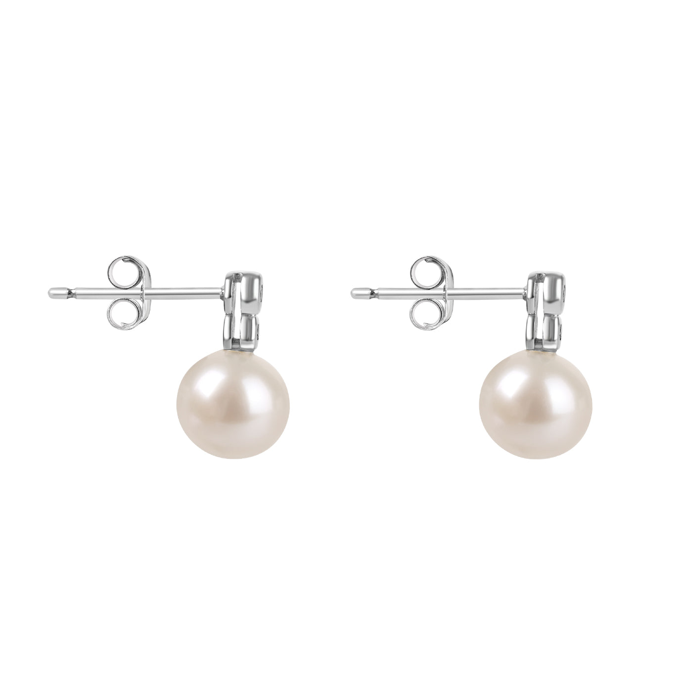 9ct White Gold Pearl Stud Earring with Two Rubover Set Diamonds