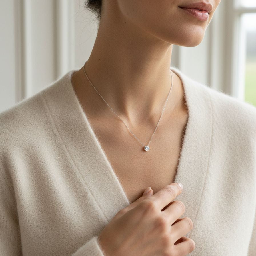 9ct White Gold Round Diamond 'Donut' Pendant and Chain