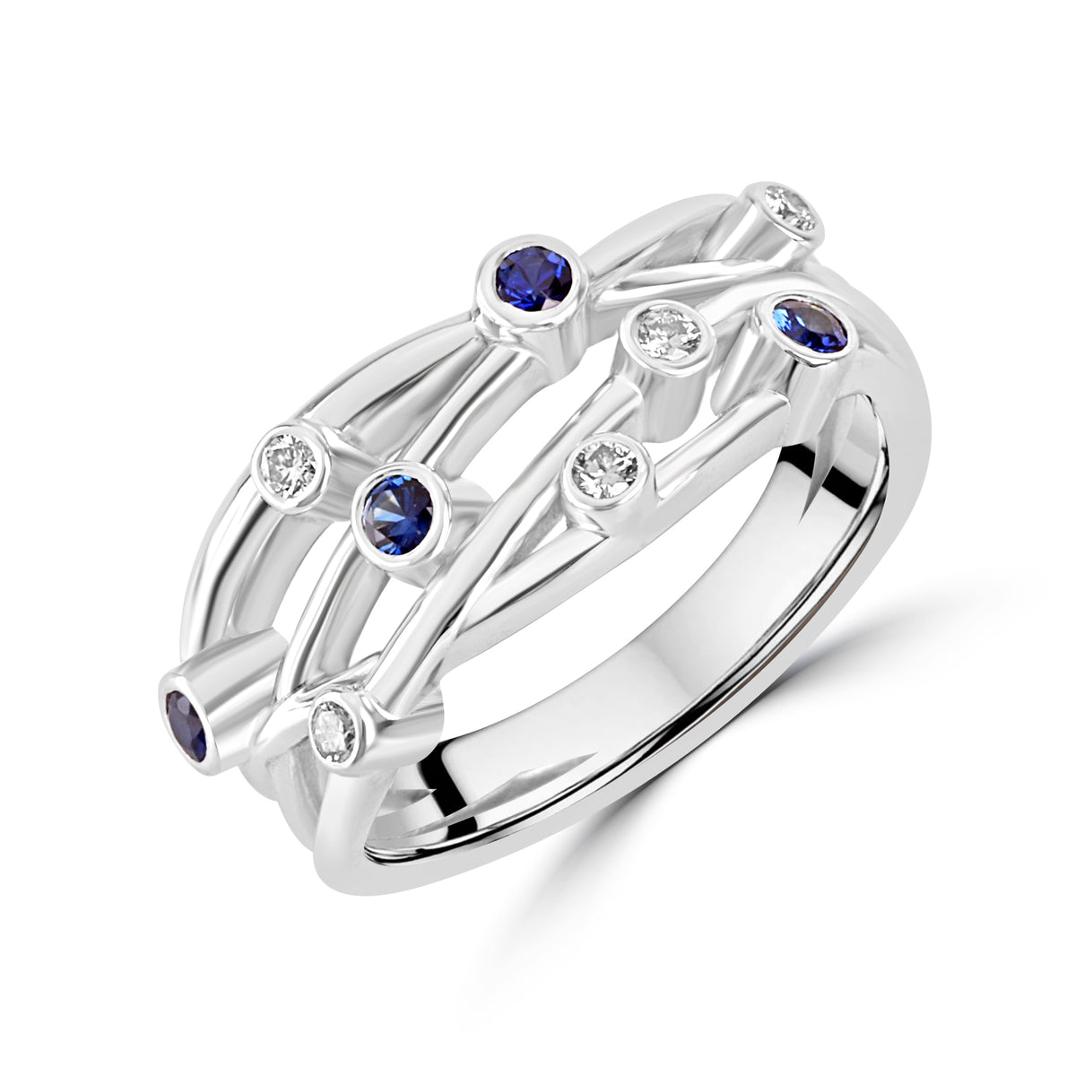 9ct White Gold Sapphire 0.355ct Diamond 0.058 Total Cascata Ring