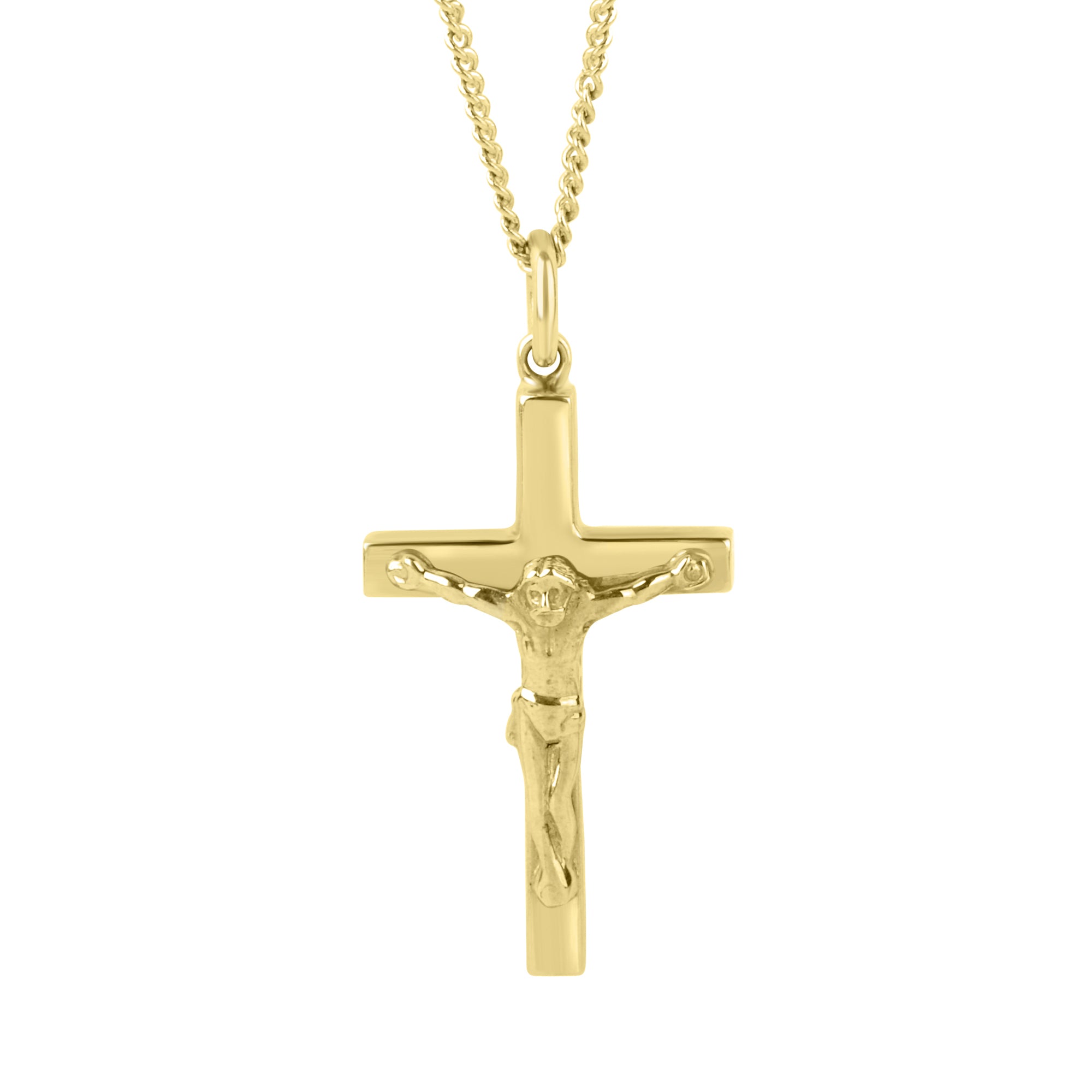 9ct Yellow Gold Crucifix Pendant and 20 Inch Fine Filed Curb Chain