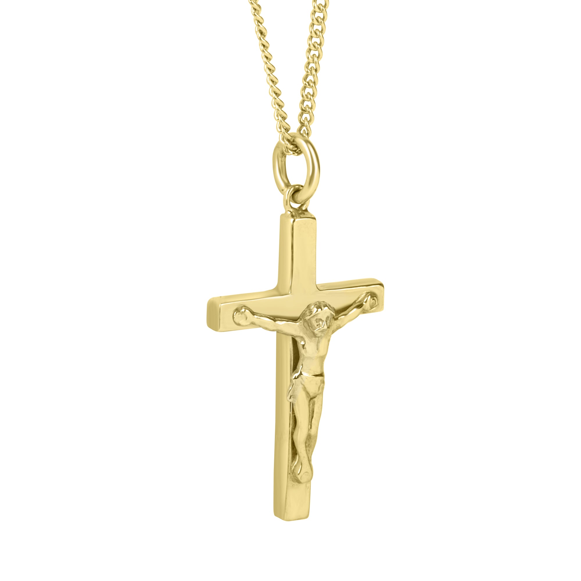 9ct Yellow Gold Crucifix Pendant and 20 Inch Fine Filed Curb Chain