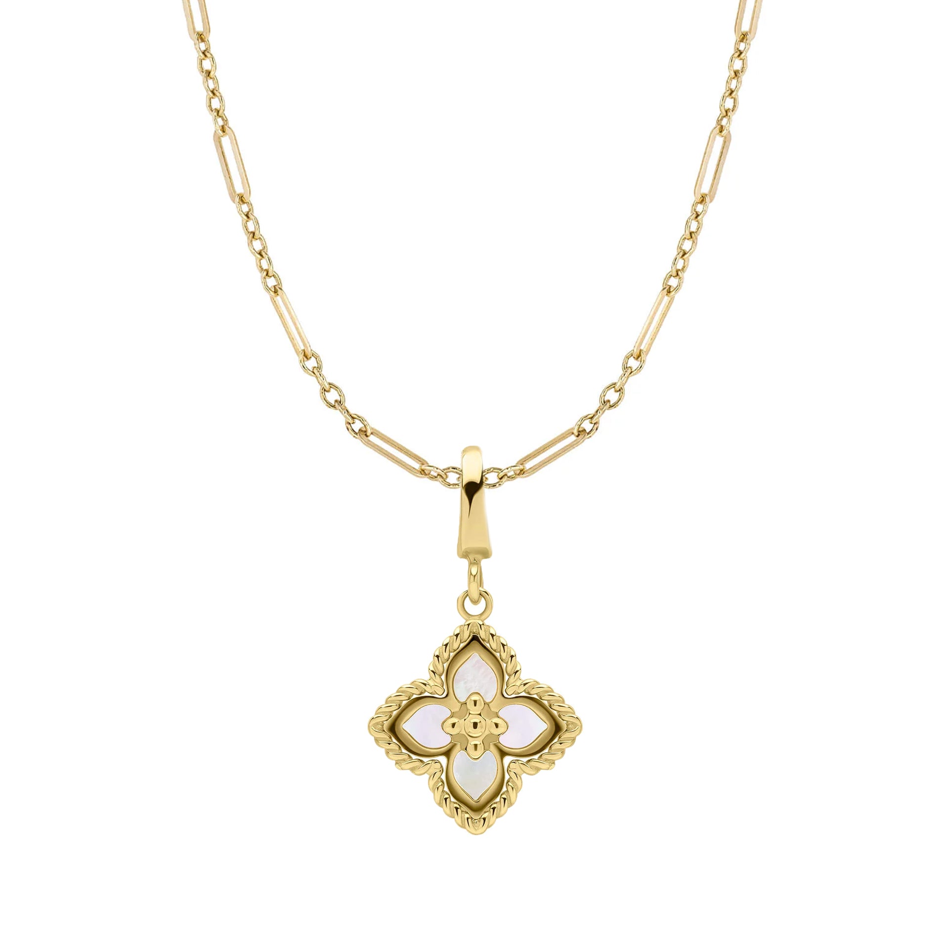 9ct Yellow Gold Four Petal Flower Mother of Pearl pendant and Chain