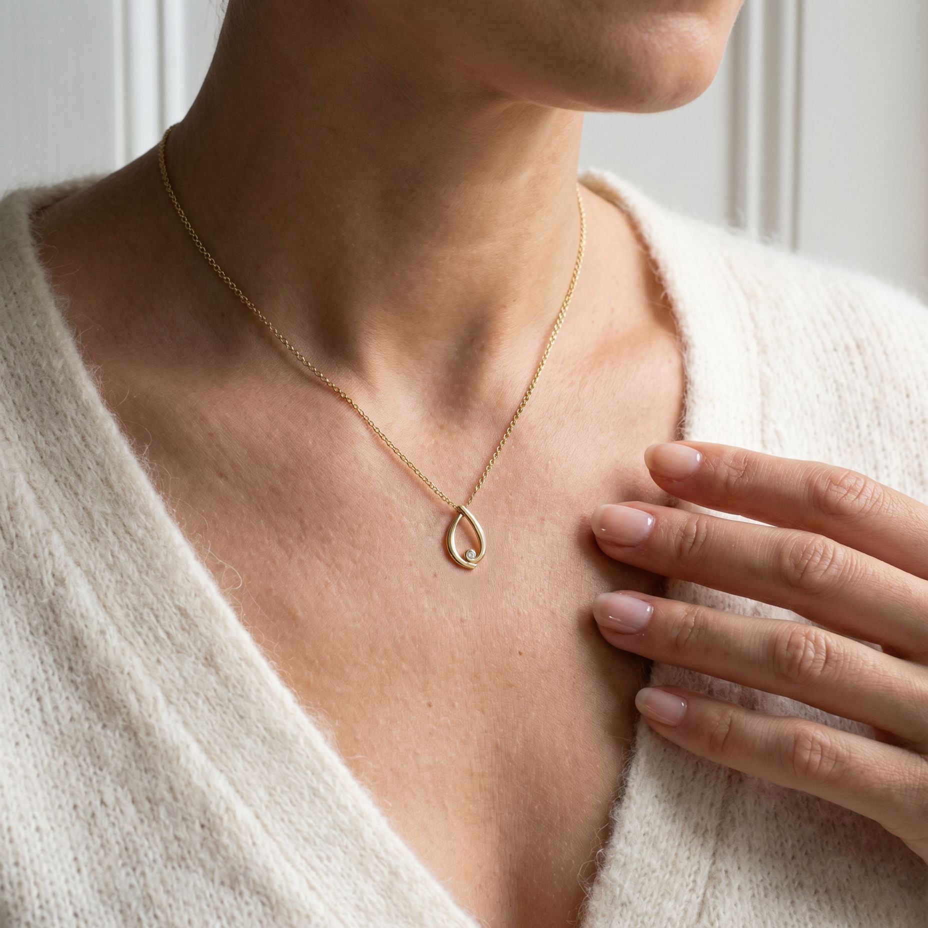 9ct Yellow Gold Open Teardrop Diamond Pendant and Chain