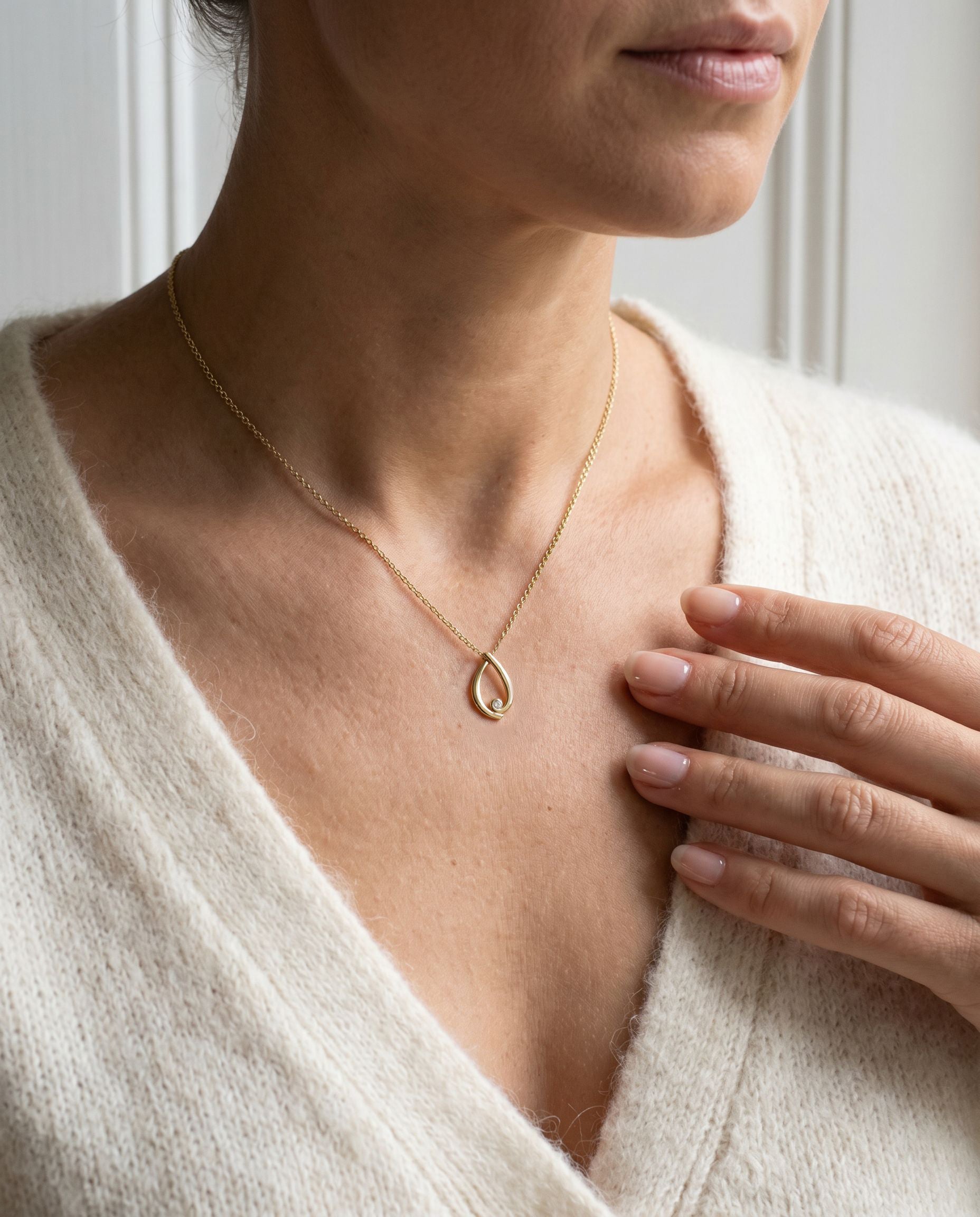 9ct Yellow Gold Open Teardrop Diamond Pendant and Chain
