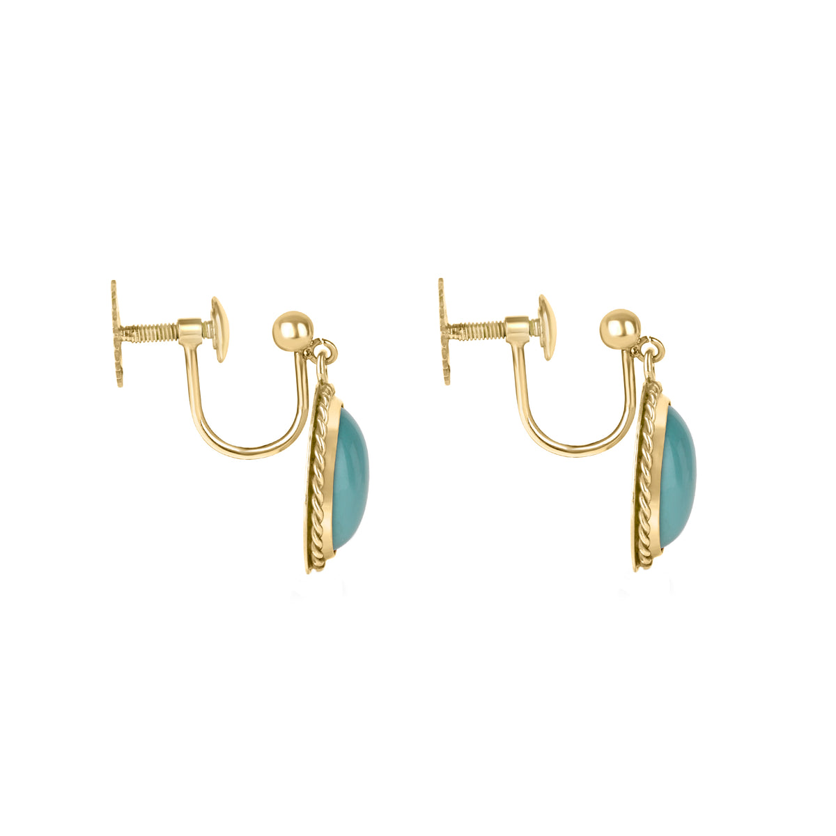 9ct Yellow Gold Oval Turquoise Screw Back Clip On Pre-Owned Earrings