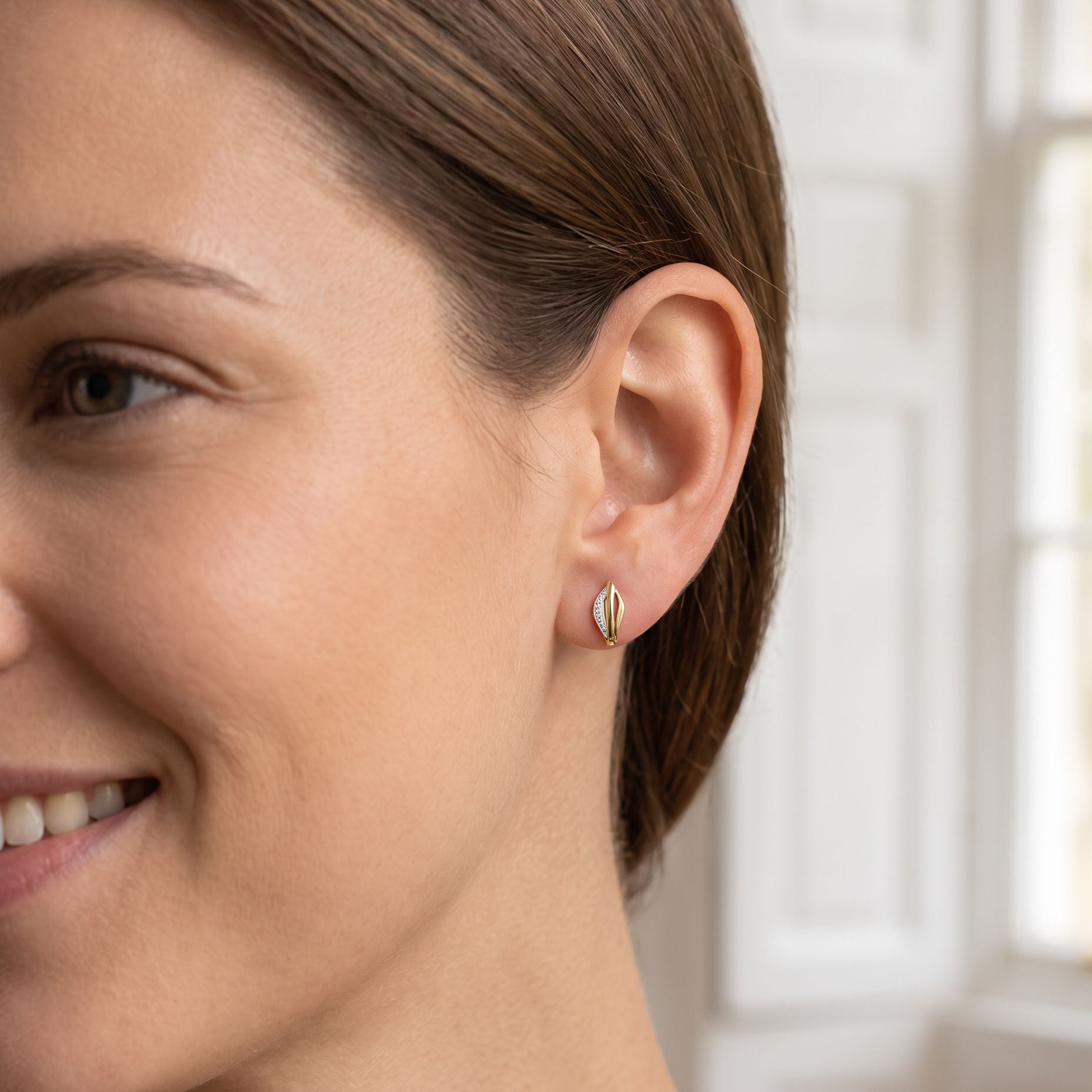9ct Yellow Gold Satin And Polished Diamond Hoop Leaf Earrings