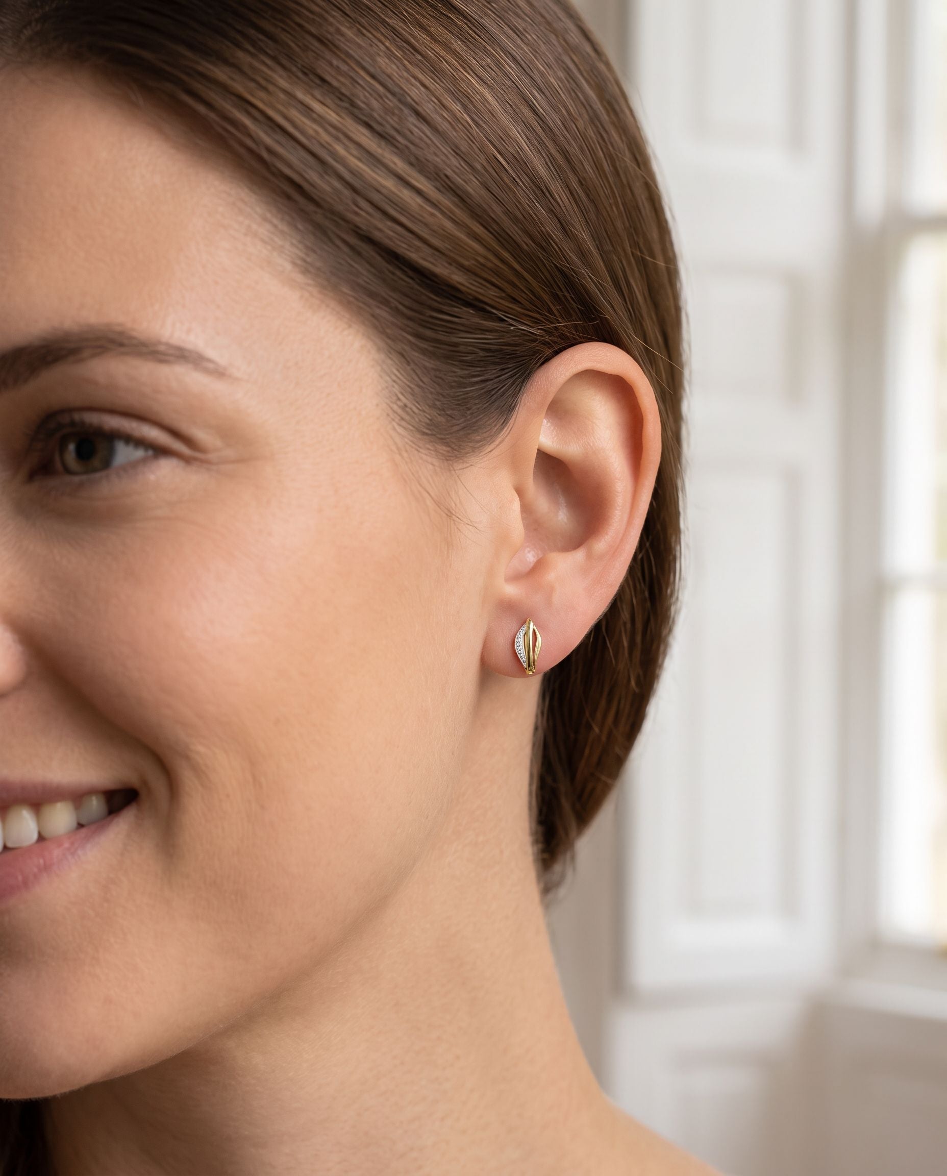 9ct Yellow Gold Satin And Polished Diamond Hoop Leaf Earrings