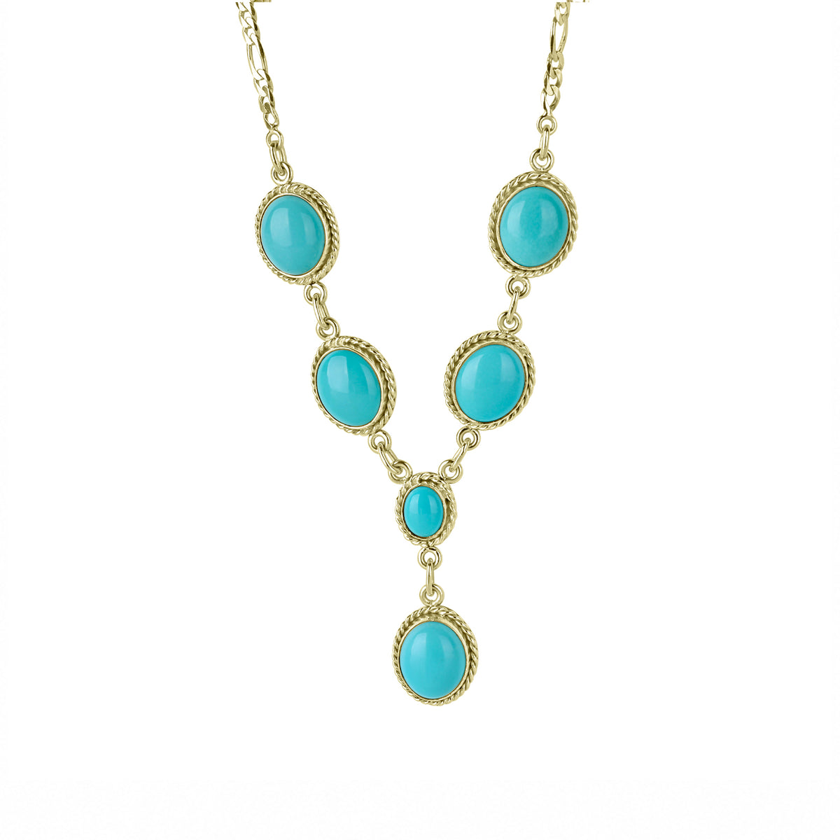 9ct Yellow Gold Six Stone Turquoise Rope Detail Pre-Owned Necklet