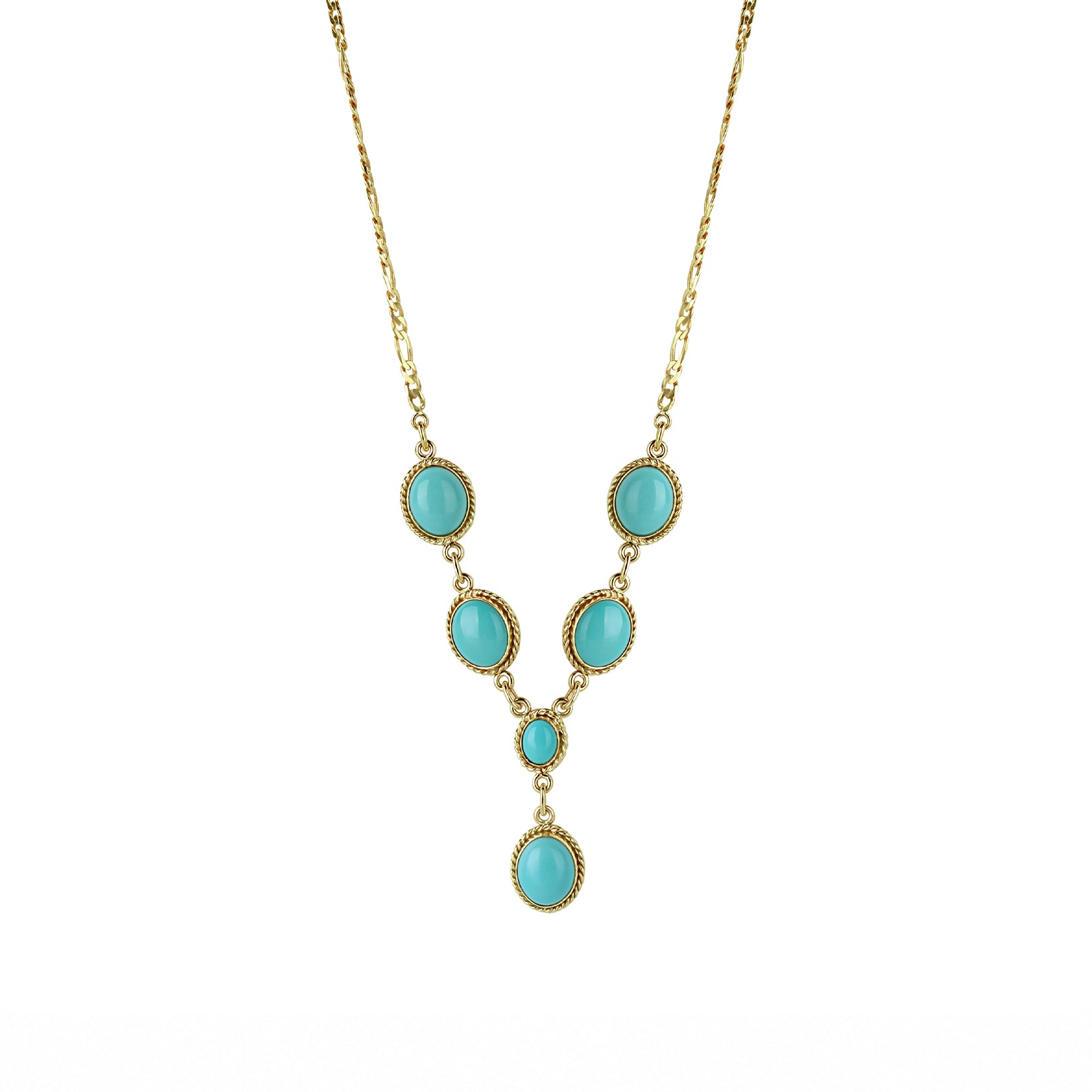 9ct Yellow Gold Six Stone Turquoise Rope Detail Pre-Owned Necklet